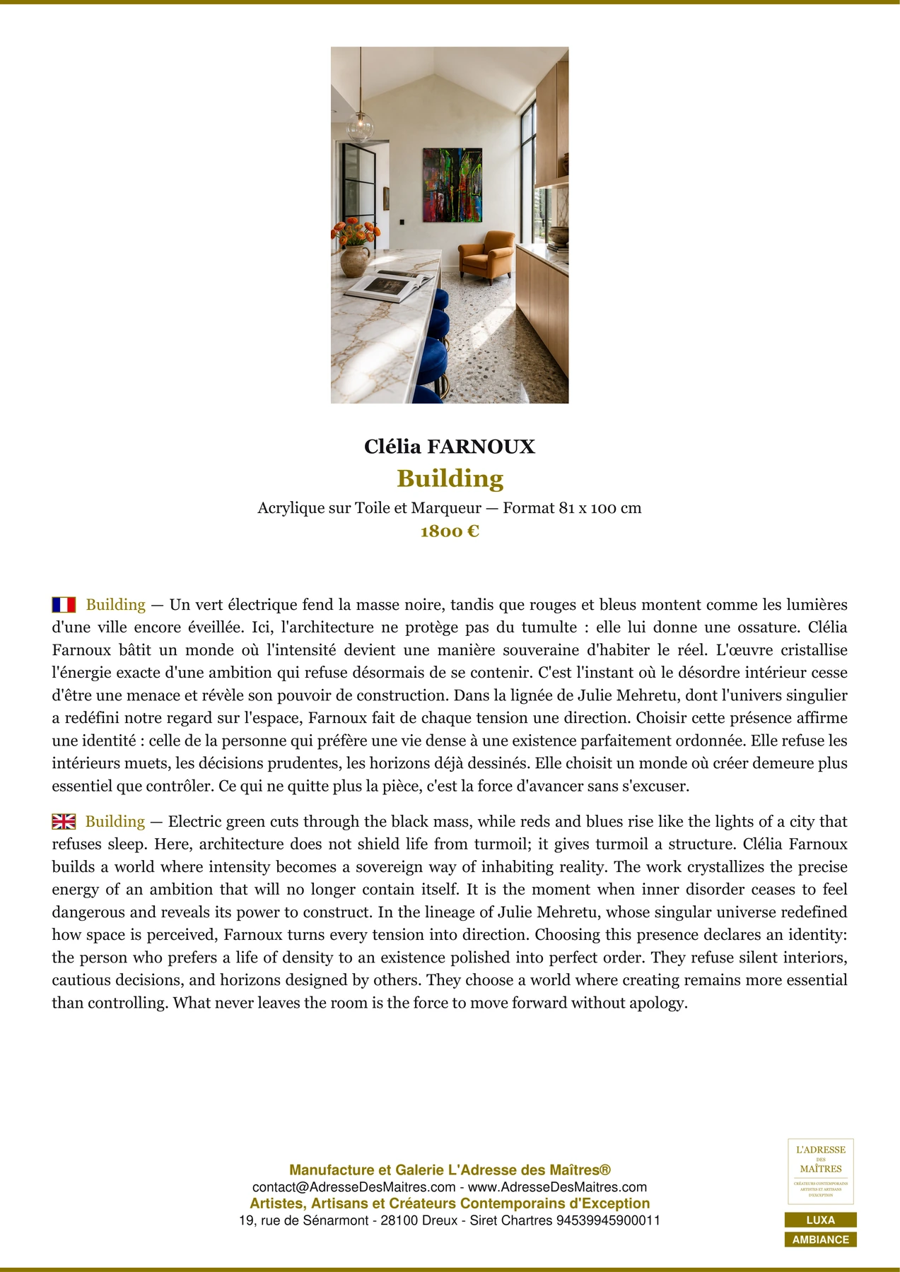 Fiche Premium Ambiance - Building - Clélia FARNOUX - L'Adresse des Maîtres®
