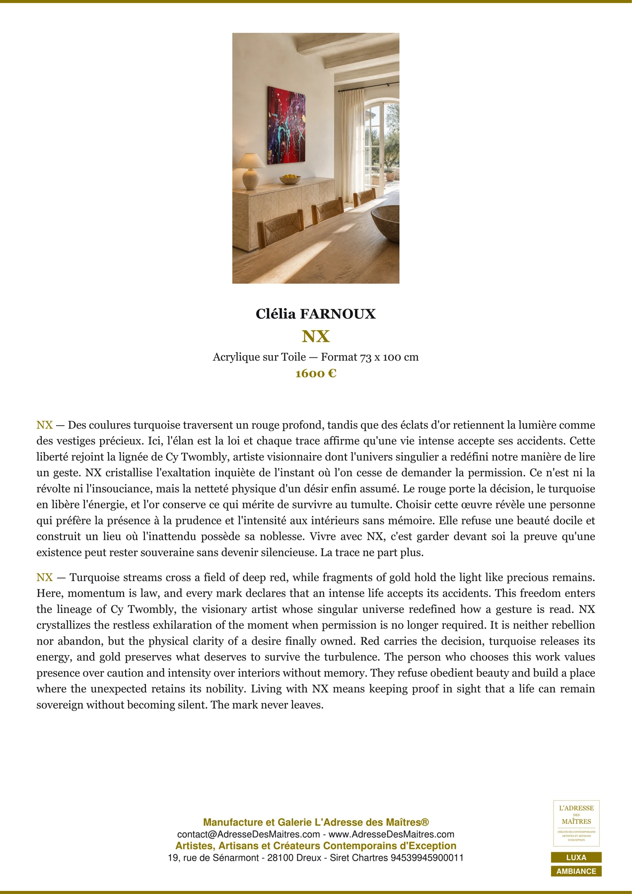 Fiche Premium Ambiance - NX - Clélia FARNOUX - L'Adresse des Maîtres®
