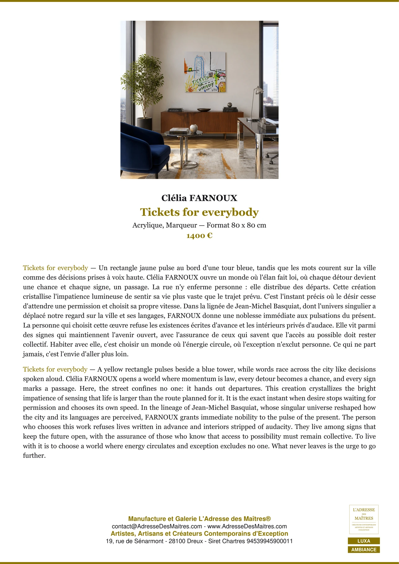 Fiche Premium Ambiance - Tickets for everybody - Clélia FARNOUX - L'Adresse des Maîtres®