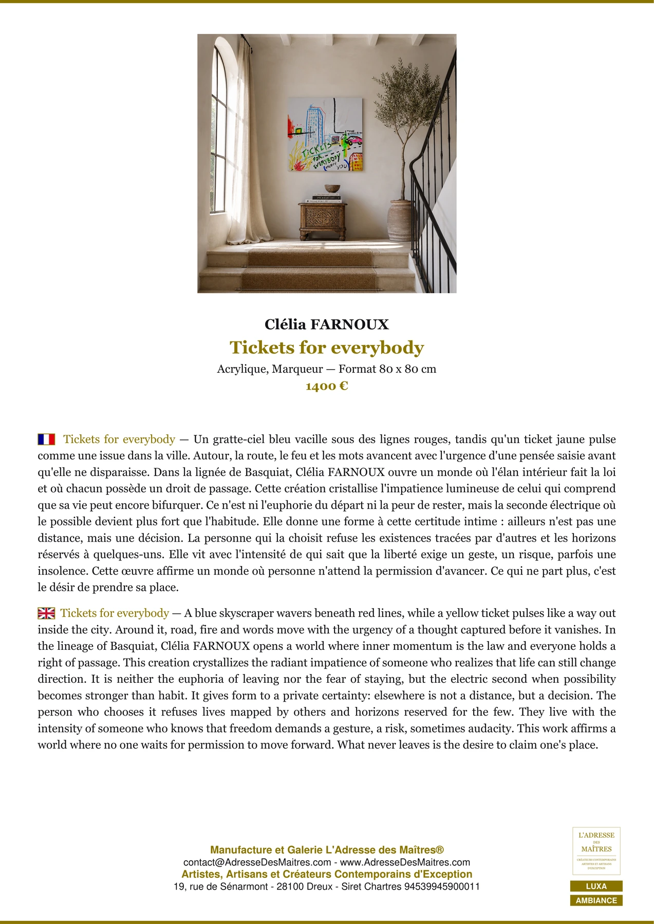 Fiche Premium Ambiance - Tickets for everybody - Clélia FARNOUX - L'Adresse des Maîtres®