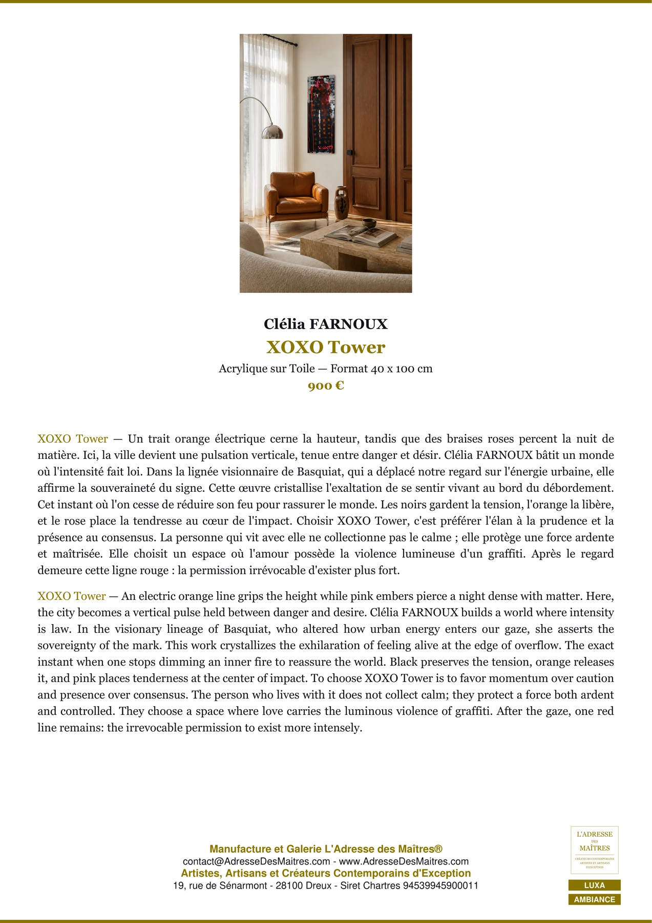 Fiche Premium Ambiance - XOXO Tower - Clélia FARNOUX - L'Adresse des Maîtres®