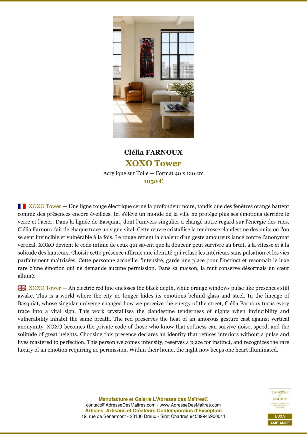 Fiche Premium Ambiance - XOXO Tower - Clélia FARNOUX - L'Adresse des Maîtres®