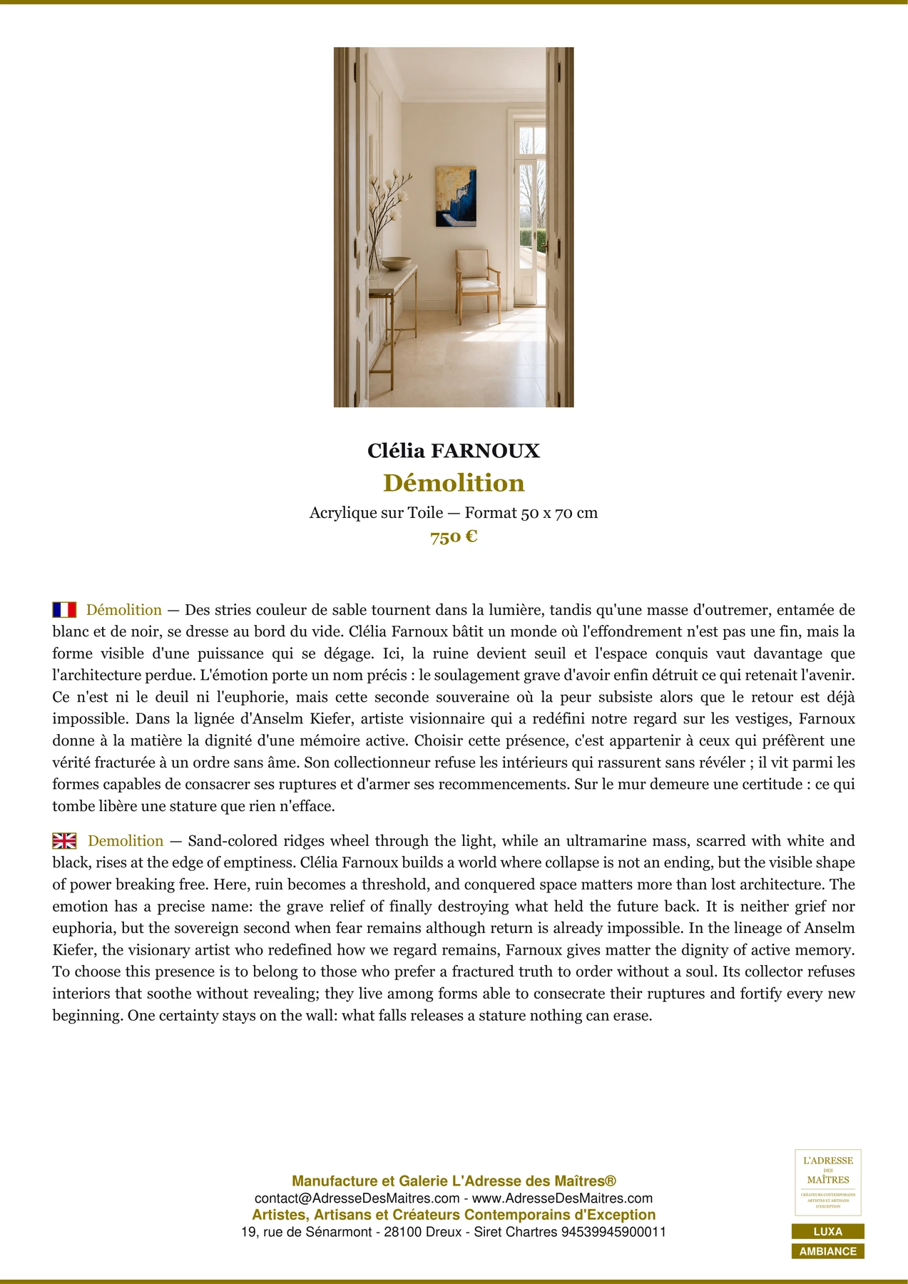 Fiche Premium Ambiance - Démolition - Clélia FARNOUX - L'Adresse des Maîtres®