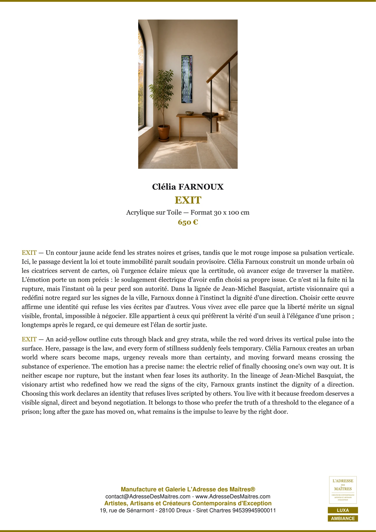 Fiche Premium Ambiance - EXIT - Clélia FARNOUX - L'Adresse des Maîtres®