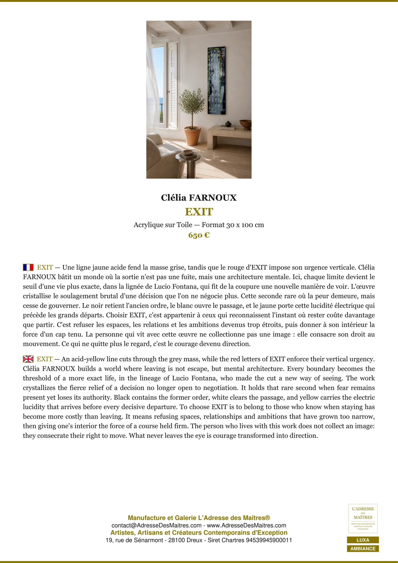 Fiche Premium Ambiance - EXIT - Clélia FARNOUX - L'Adresse des Maîtres®