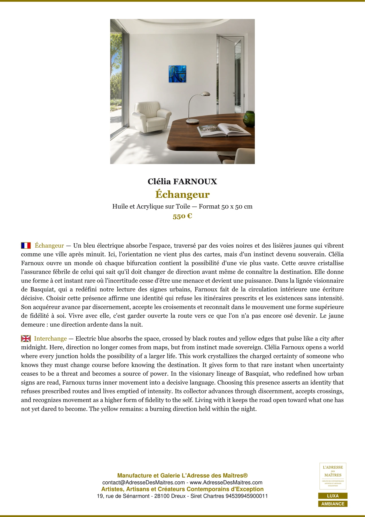 Fiche Premium Ambiance - Échangeur - Clélia FARNOUX - L'Adresse des Maîtres®