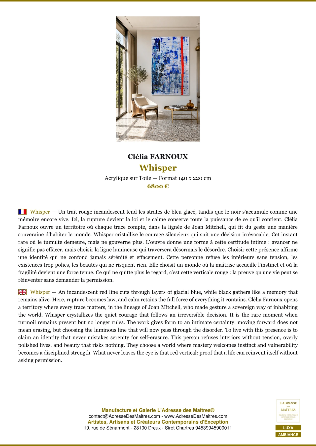 Fiche Premium Ambiance - Whisper - Clélia FARNOUX - L'Adresse des Maîtres®