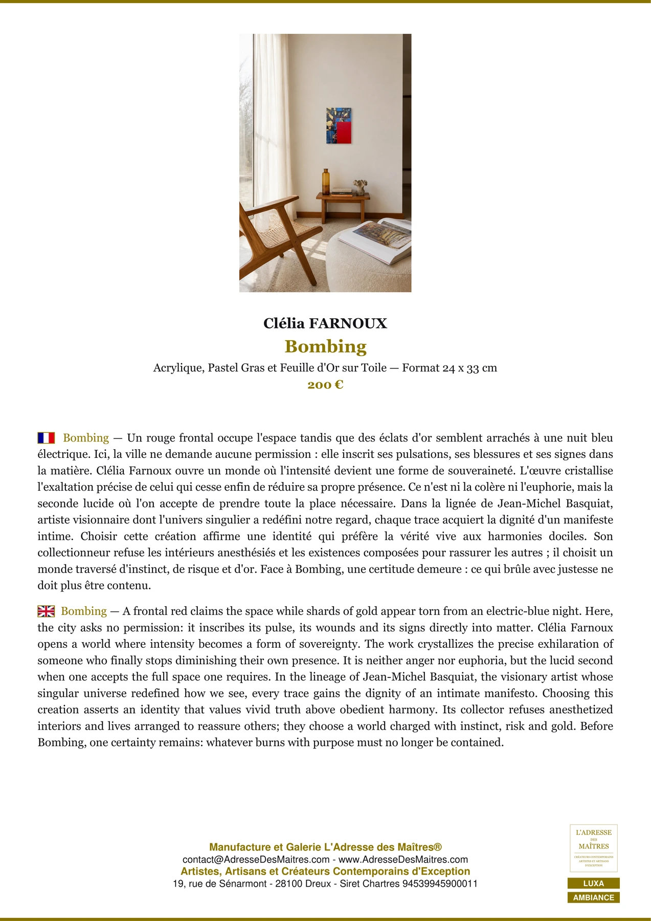 Fiche Premium Ambiance - Bombing - Clélia FARNOUX - L'Adresse des Maîtres®