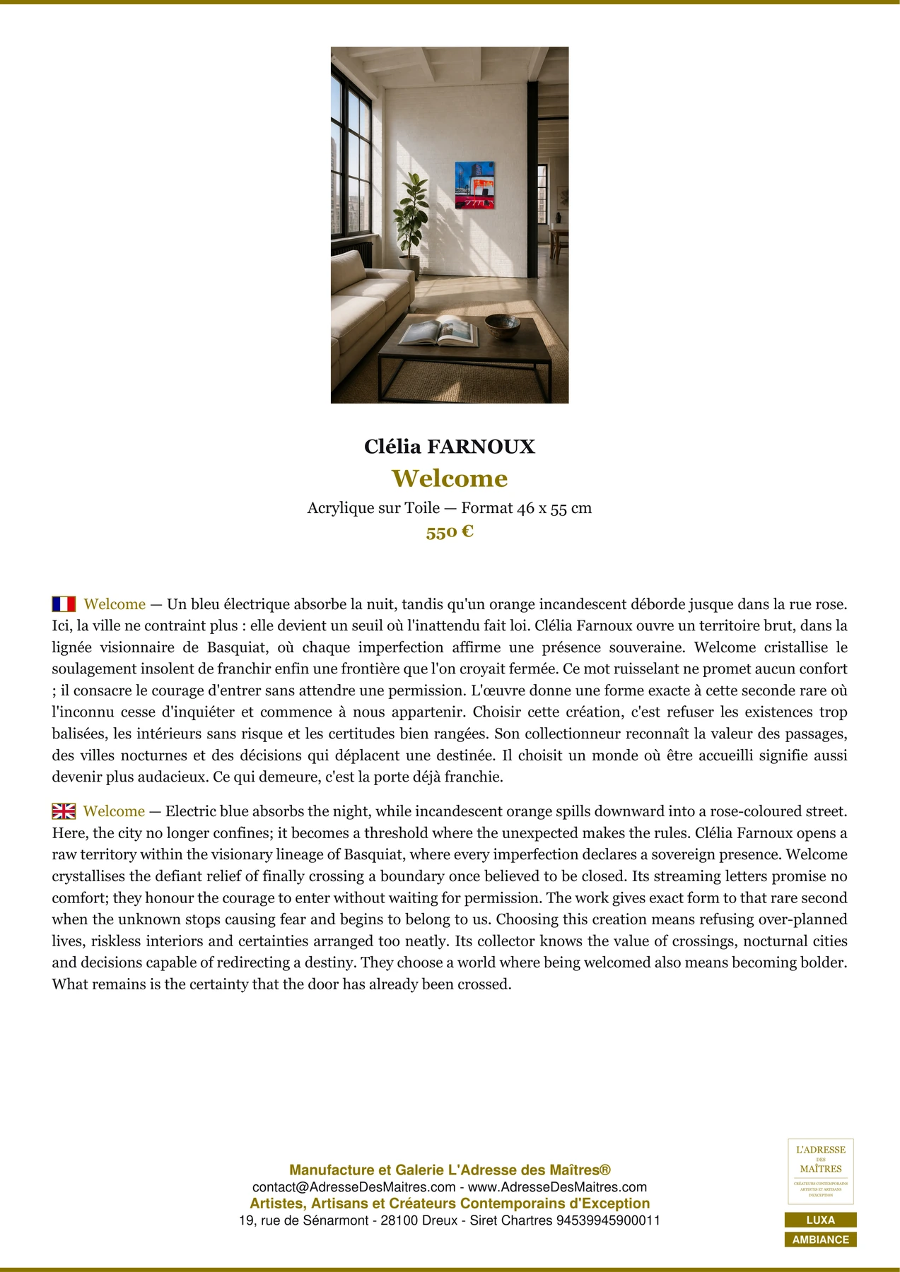 Fiche Premium Ambiance - Welcome - Clélia FARNOUX - L'Adresse des Maîtres®