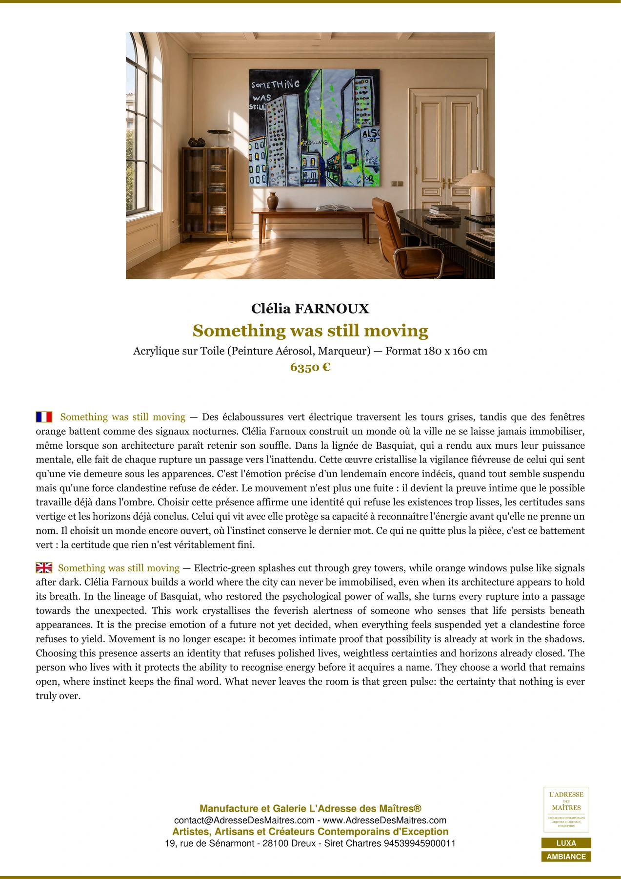 Fiche Premium Ambiance - Something was still moving - Clélia FARNOUX - L'Adresse des Maîtres®