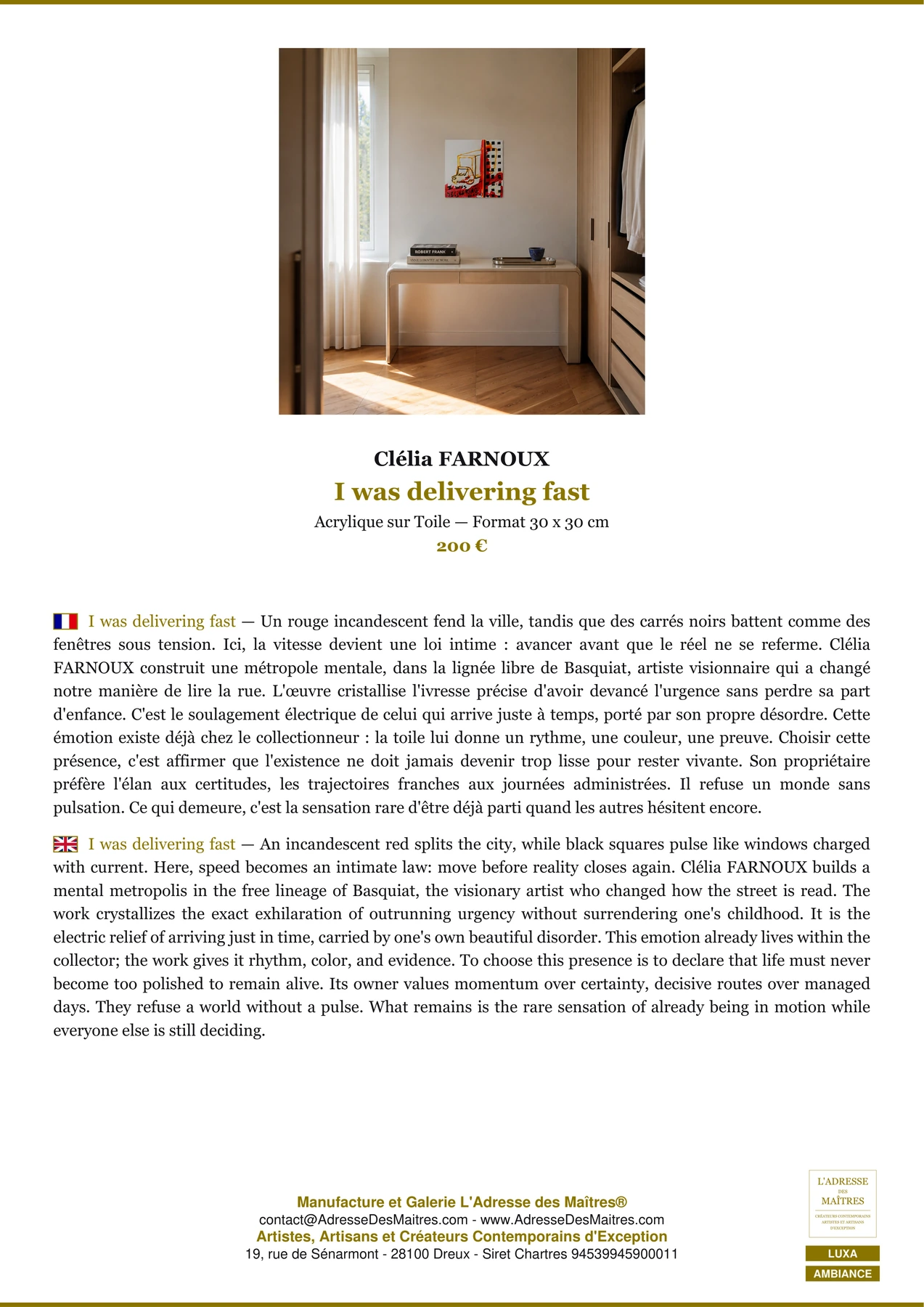 Fiche Premium Ambiance - I was delivering fast - Clélia FARNOUX - L'Adresse des Maîtres®