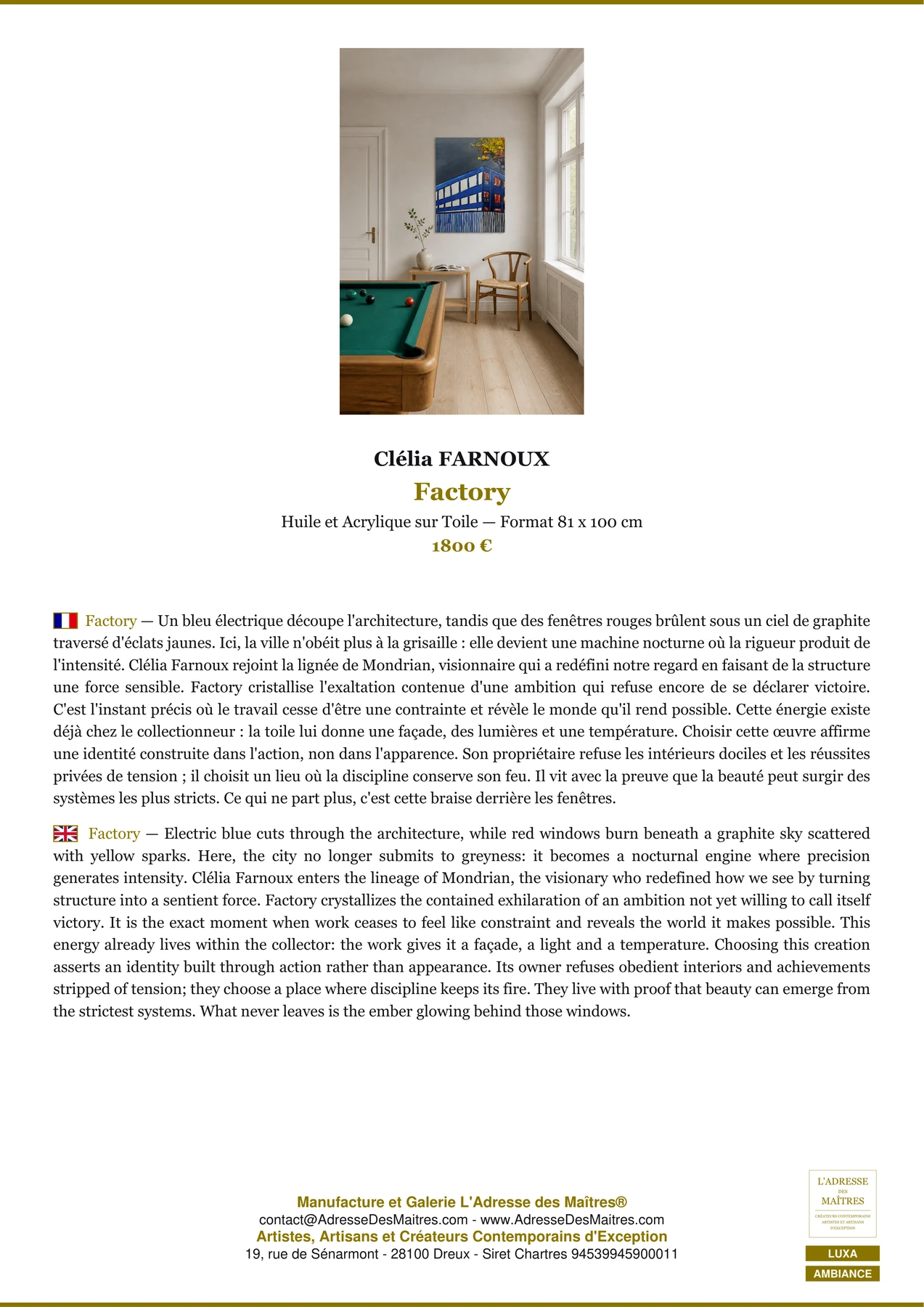 Fiche Premium Ambiance - Factory - Clélia FARNOUX - L'Adresse des Maîtres®