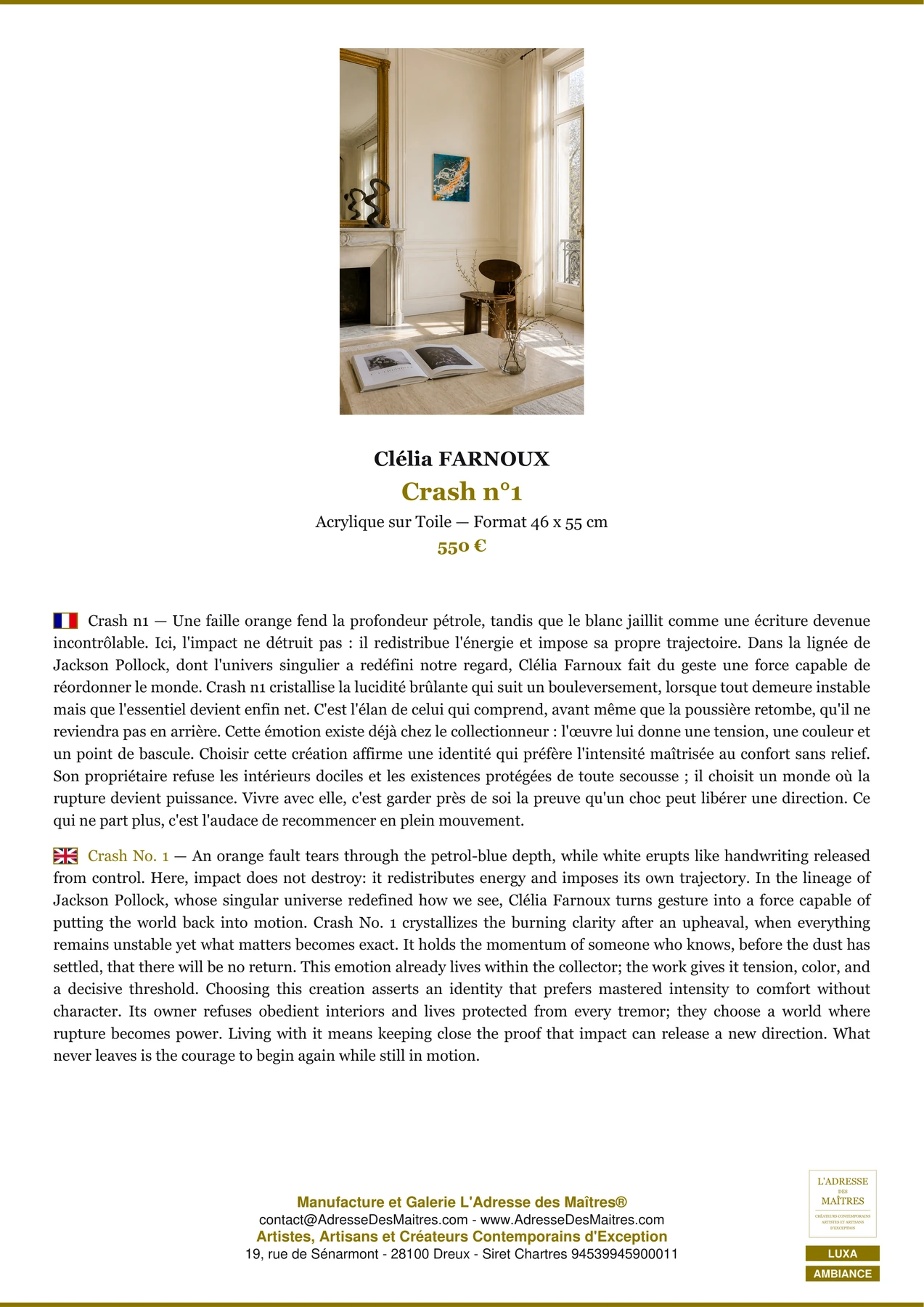 Fiche Premium Ambiance - Crash n°1 - Clélia FARNOUX - L'Adresse des Maîtres®