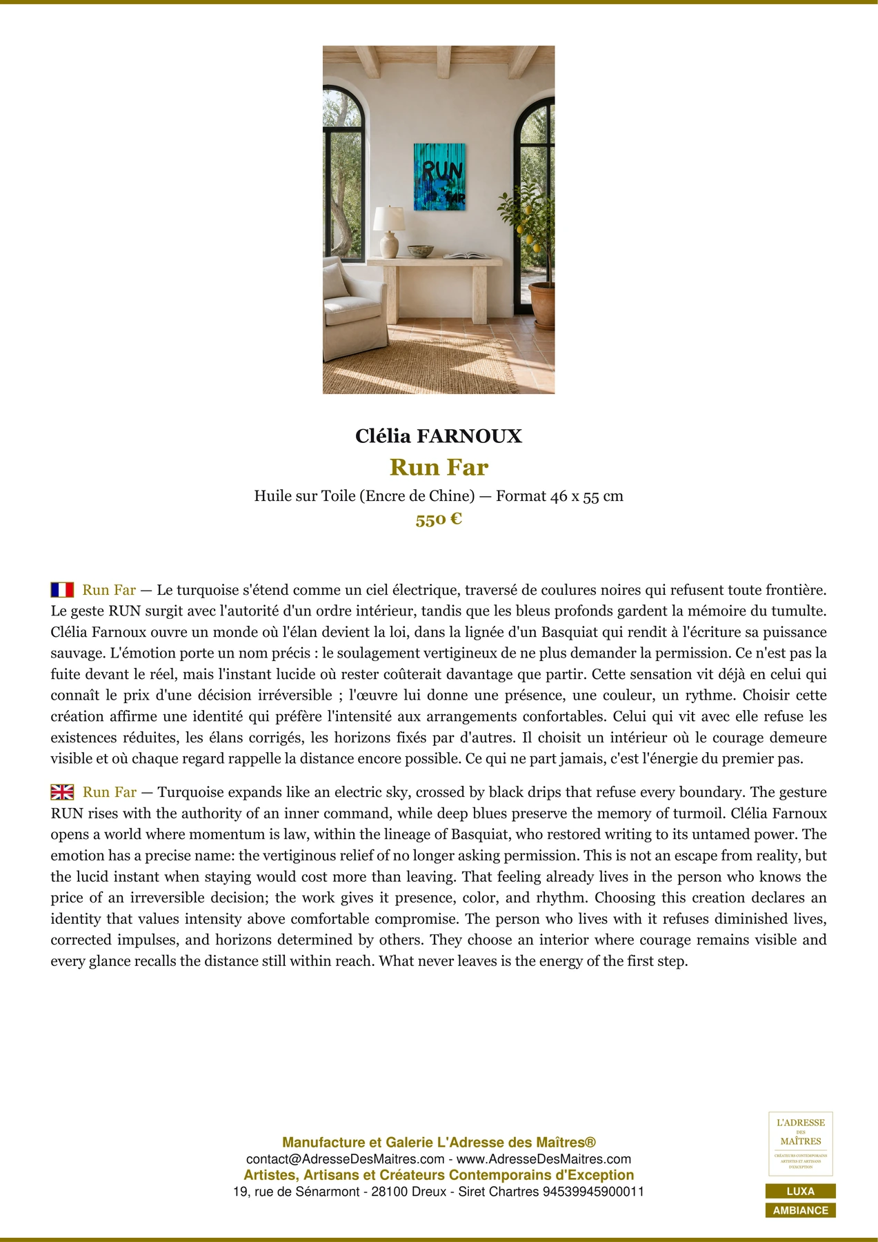 Fiche Premium Ambiance - Run Far - Clélia FARNOUX - L'Adresse des Maîtres®