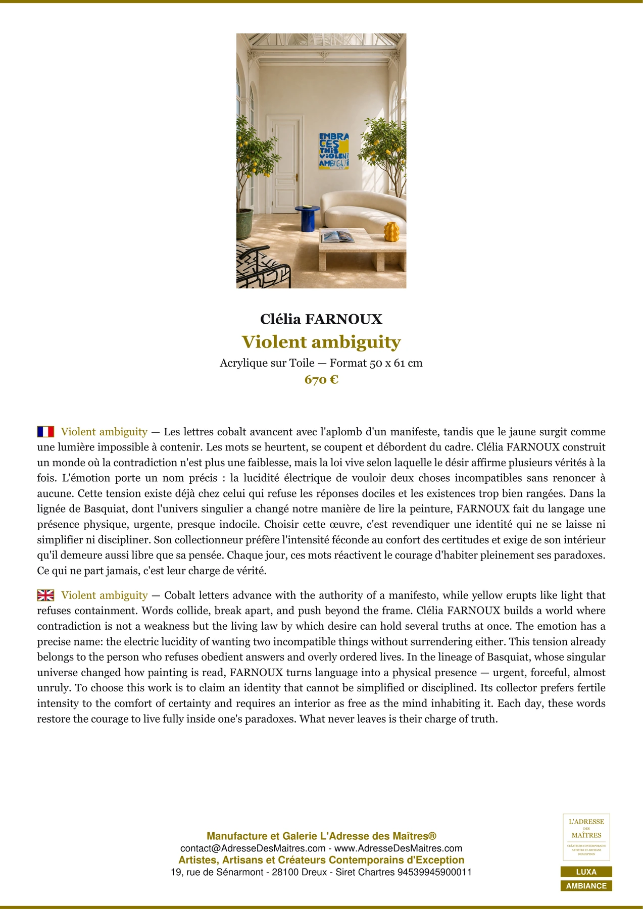 Fiche Premium Ambiance - Violent ambiguity - Clélia FARNOUX - L'Adresse des Maîtres®