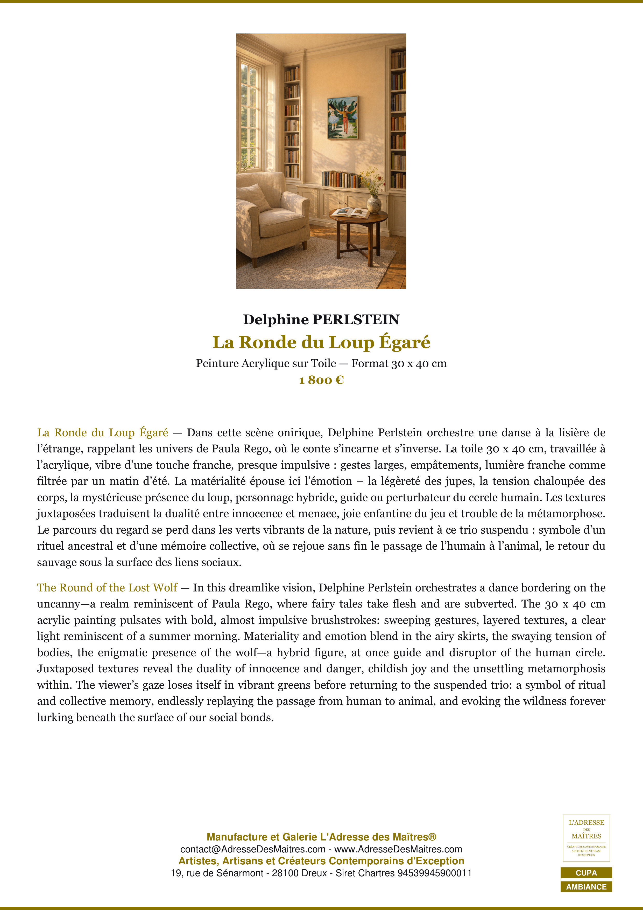 Fiche Premium Ambiance — La Ronde du Loup Égaré — Delphine PERLSTEIN — L'Adresse des Maîtres®
