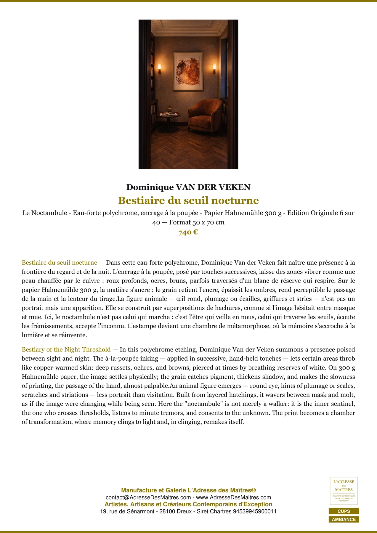 Fiche Premium Ambiance - Bestiaire du seuil nocturne - Dominique VAN DER VEKEN - L'Adresse des Maîtres®