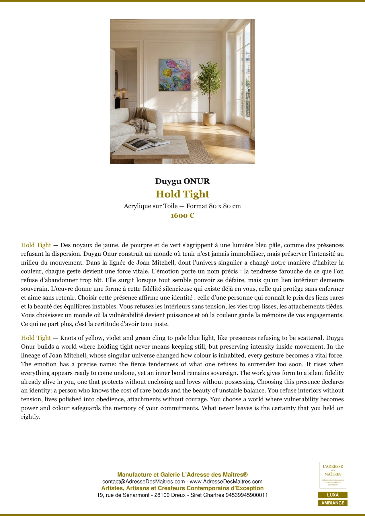 Fiche Premium Ambiance - Hold Tight - Duygu ONUR - L'Adresse des Maîtres®