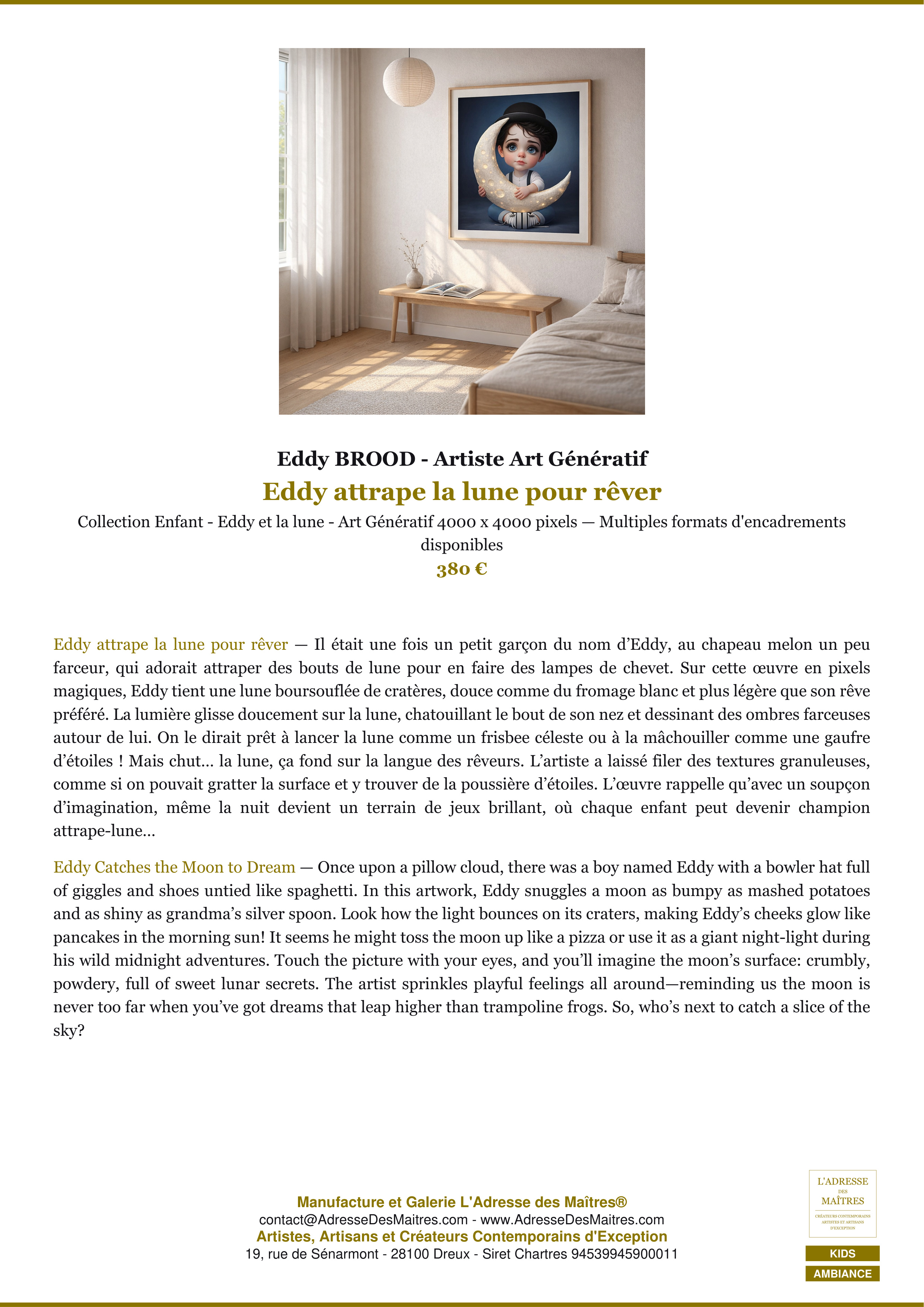 Ficha Premium Ambiance — Eddy atrapa la luna para soñar — Eddy BROOD - Artista de arte generativo — L'Adresse des Maîtres®