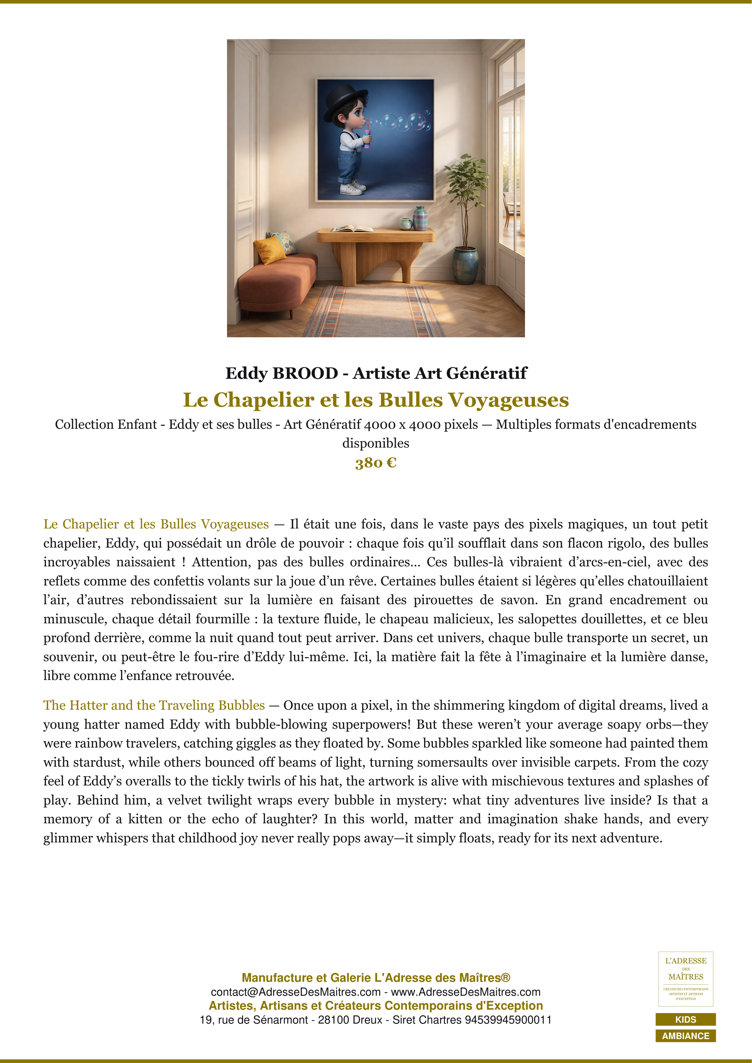 Fiche Premium Ambiance — Le Chapelier et les Bulles Voyageuses — Eddy BROOD - Artiste Art Génératif — L'Adresse des Maîtres®