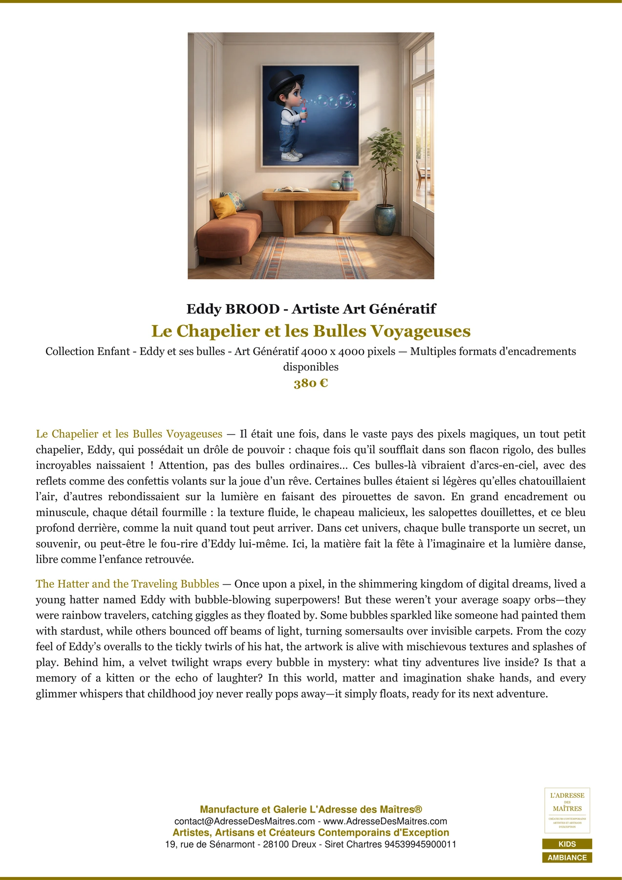 Fiche Premium Ambiance - Le Chapelier et les Bulles Voyageuses - Eddy BROOD - Artiste Art Génératif - L'Adresse des Maîtres®