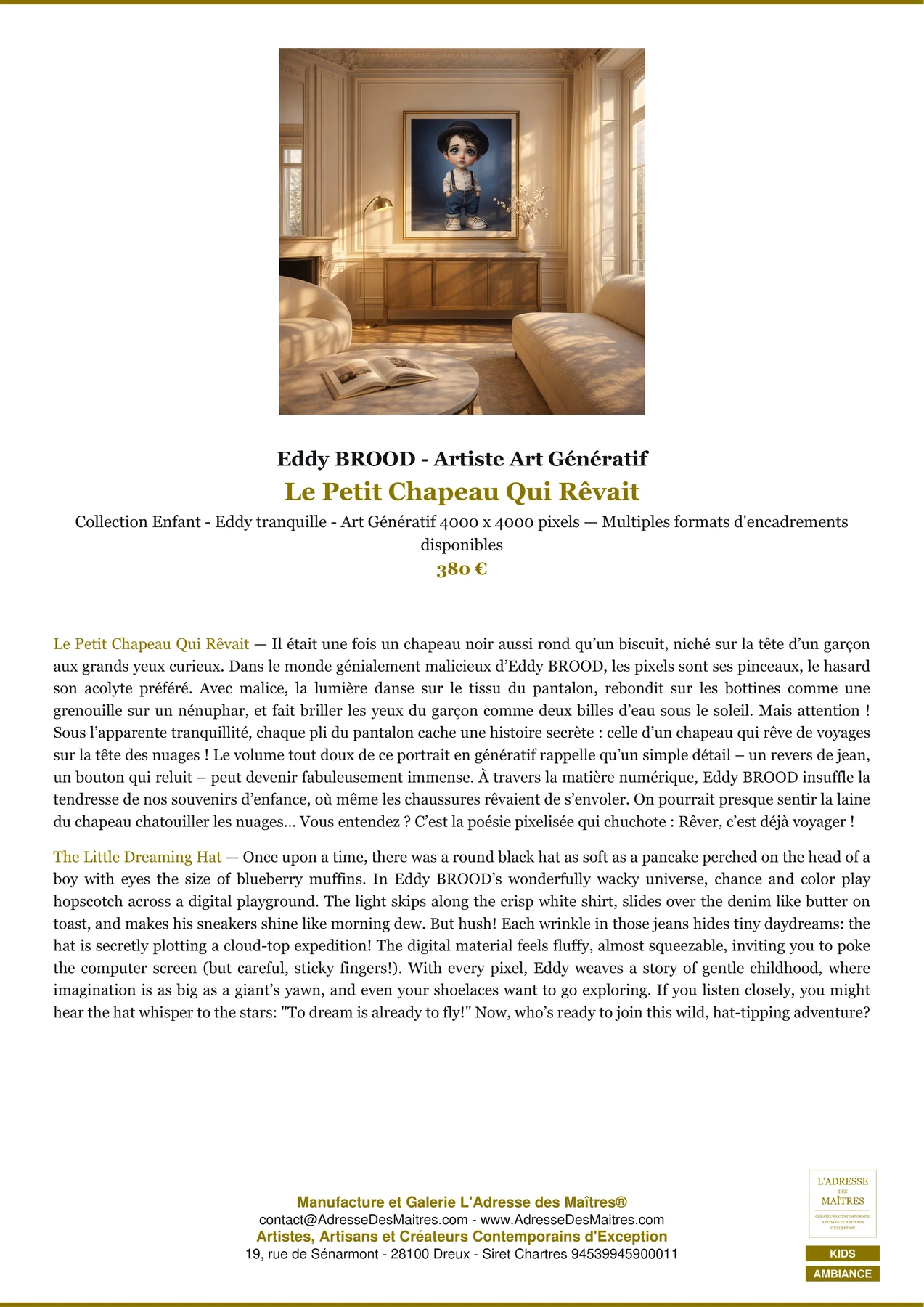 Fiche Premium Ambiance - Le Petit Chapeau Qui Rêvait - Eddy BROOD - Artiste Art Génératif - L'Adresse des Maîtres®