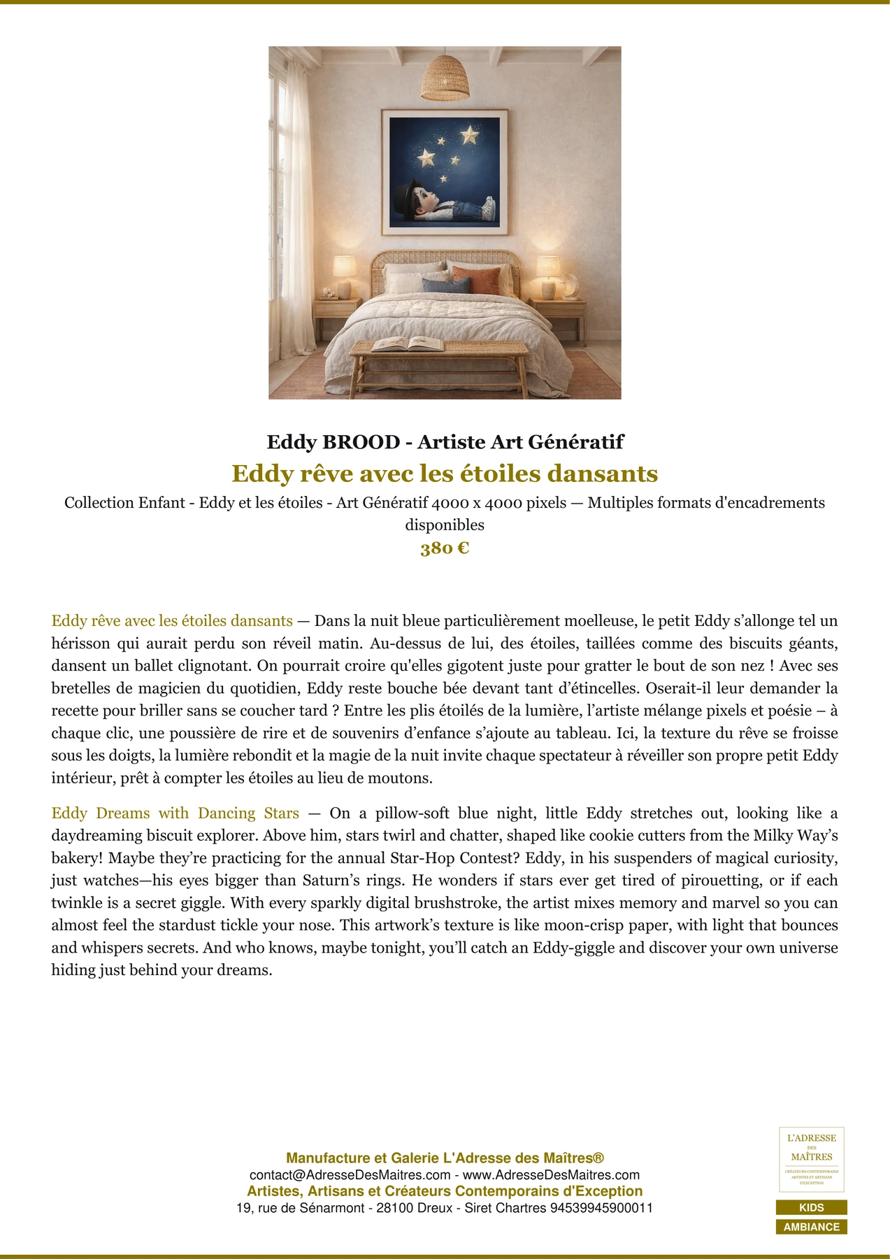Fiche Premium Ambiance - Eddy rêve avec les étoiles dansants - Eddy BROOD - Artiste Art Génératif - L'Adresse des Maîtres®