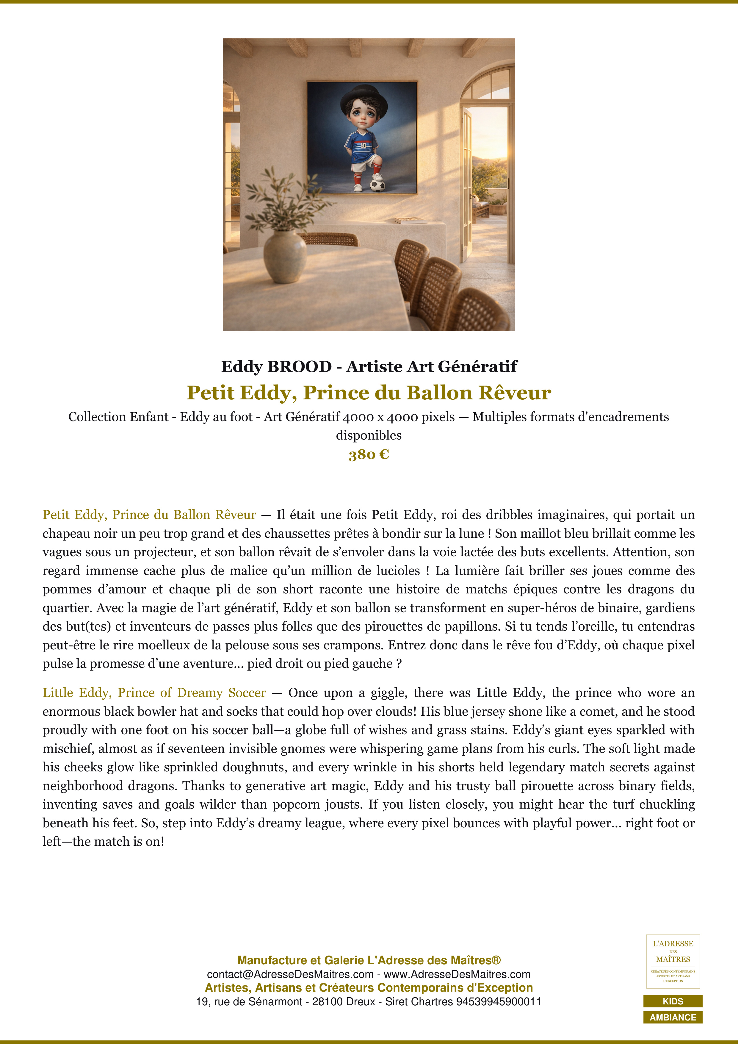 Fiche Premium Ambiance — Petit Eddy, Prince du Ballon Rêveur — Eddy BROOD - Artiste Art Génératif — L'Adresse des Maîtres®