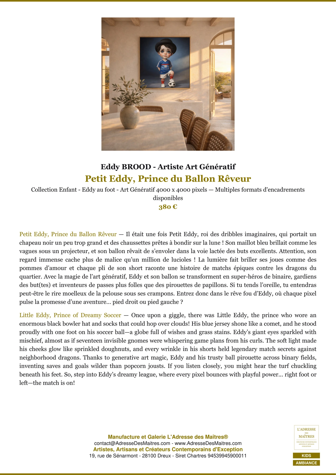 Fiche Premium Ambiance - Petit Eddy, Prince du Ballon Rêveur - Eddy BROOD - Artiste Art Génératif - L'Adresse des Maîtres®