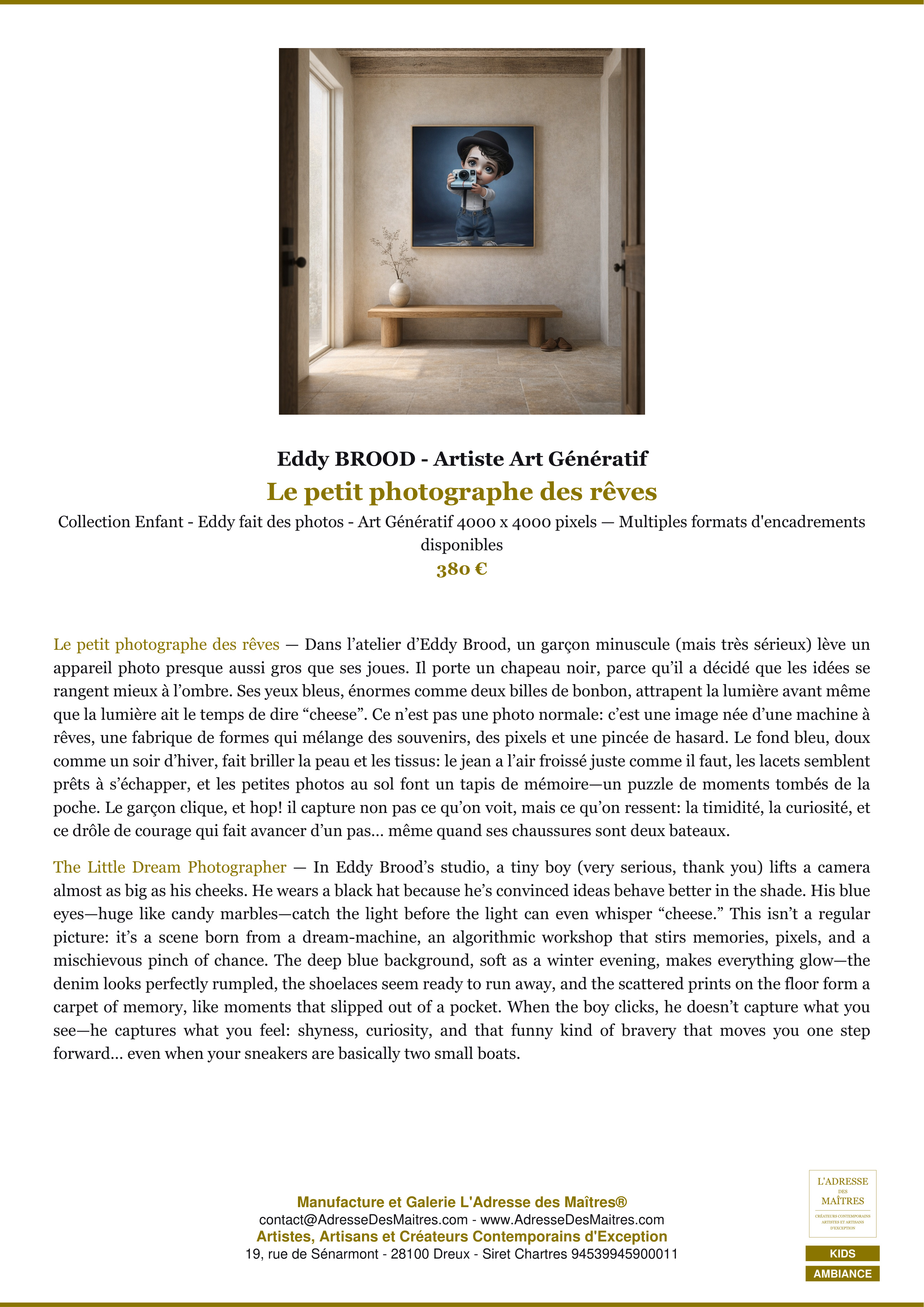 Fiche Premium Ambiance — Le petit photographe des rêves — Eddy BROOD - Artiste Art Génératif — L'Adresse des Maîtres®