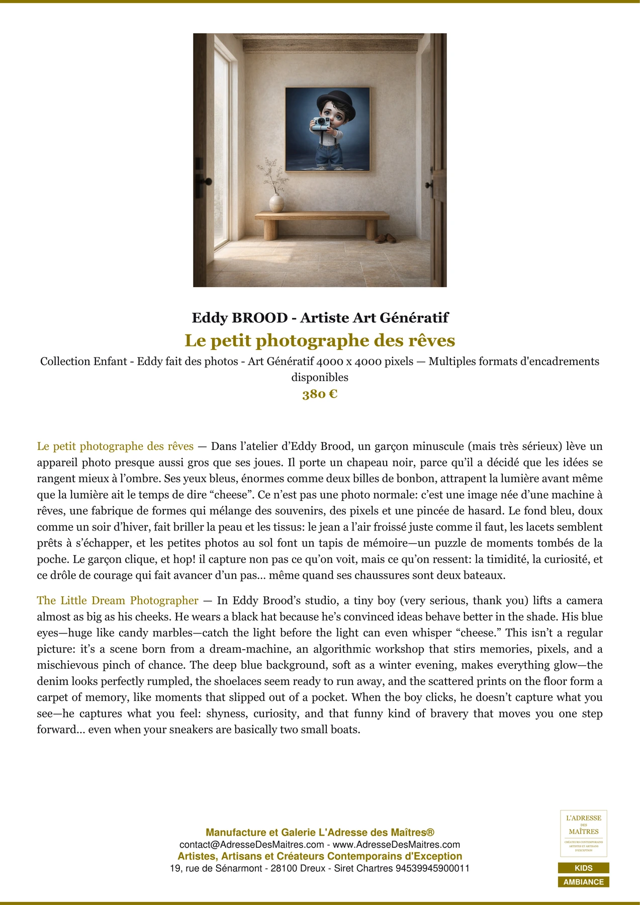 Fiche Premium Ambiance - Le petit photographe des rêves - Eddy BROOD - Artiste Art Génératif - L'Adresse des Maîtres®