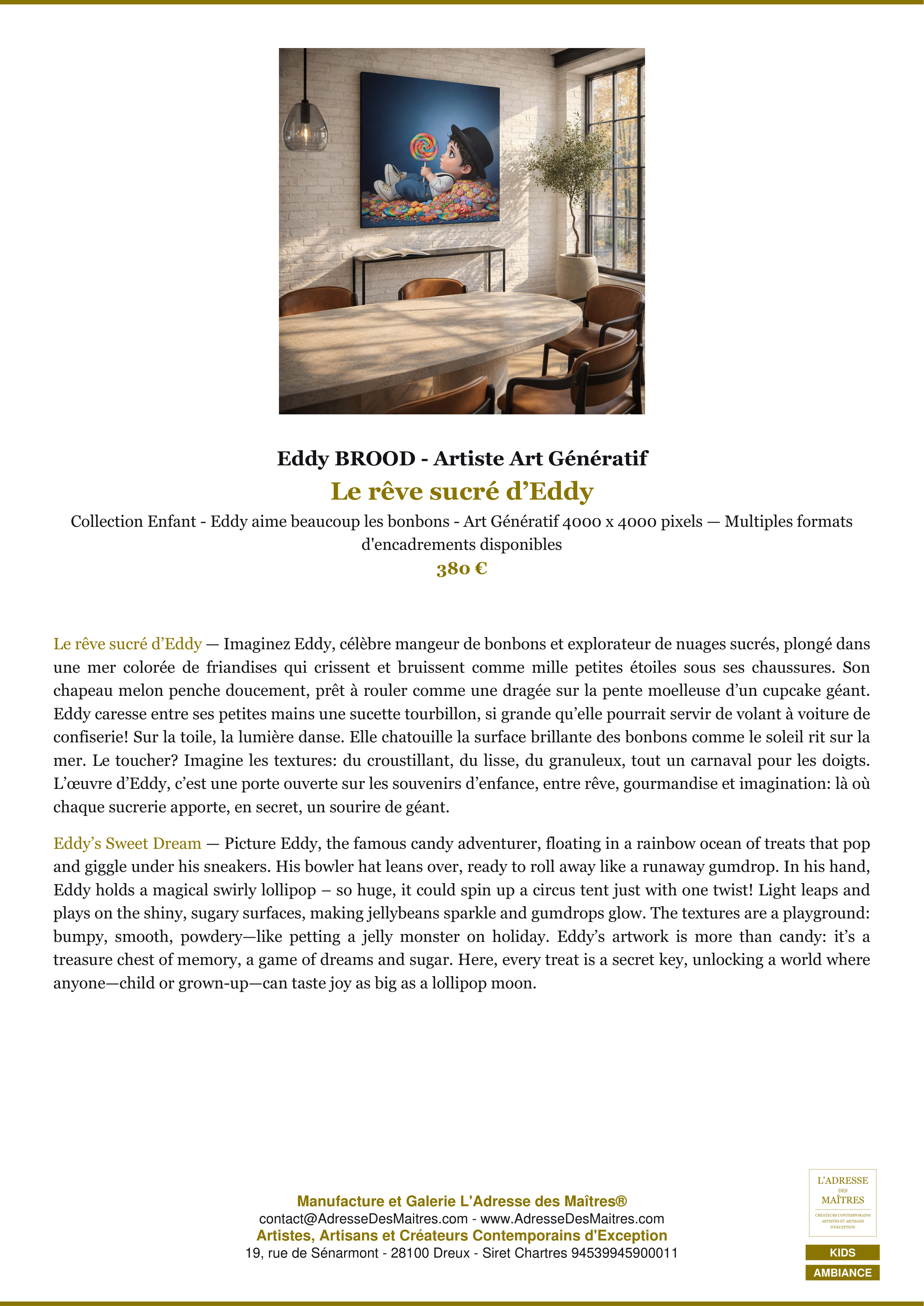 Fiche Premium Ambiance — Le rêve sucré d’Eddy — Eddy BROOD - Artiste Art Génératif — L'Adresse des Maîtres®