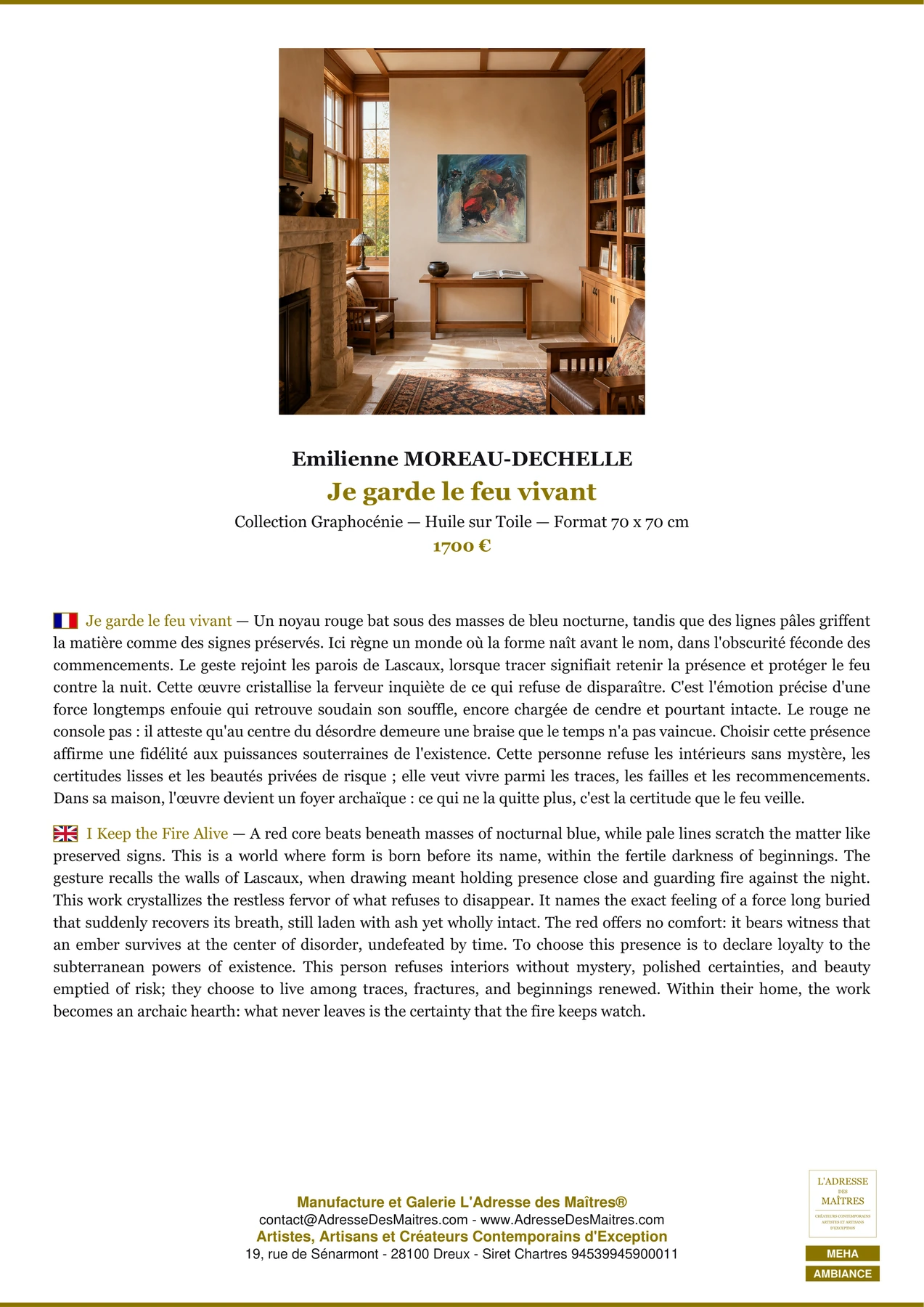 Fiche Premium Ambiance - Je garde le feu vivant - Emilienne MOREAU-DECHELLE - L'Adresse des Maîtres®