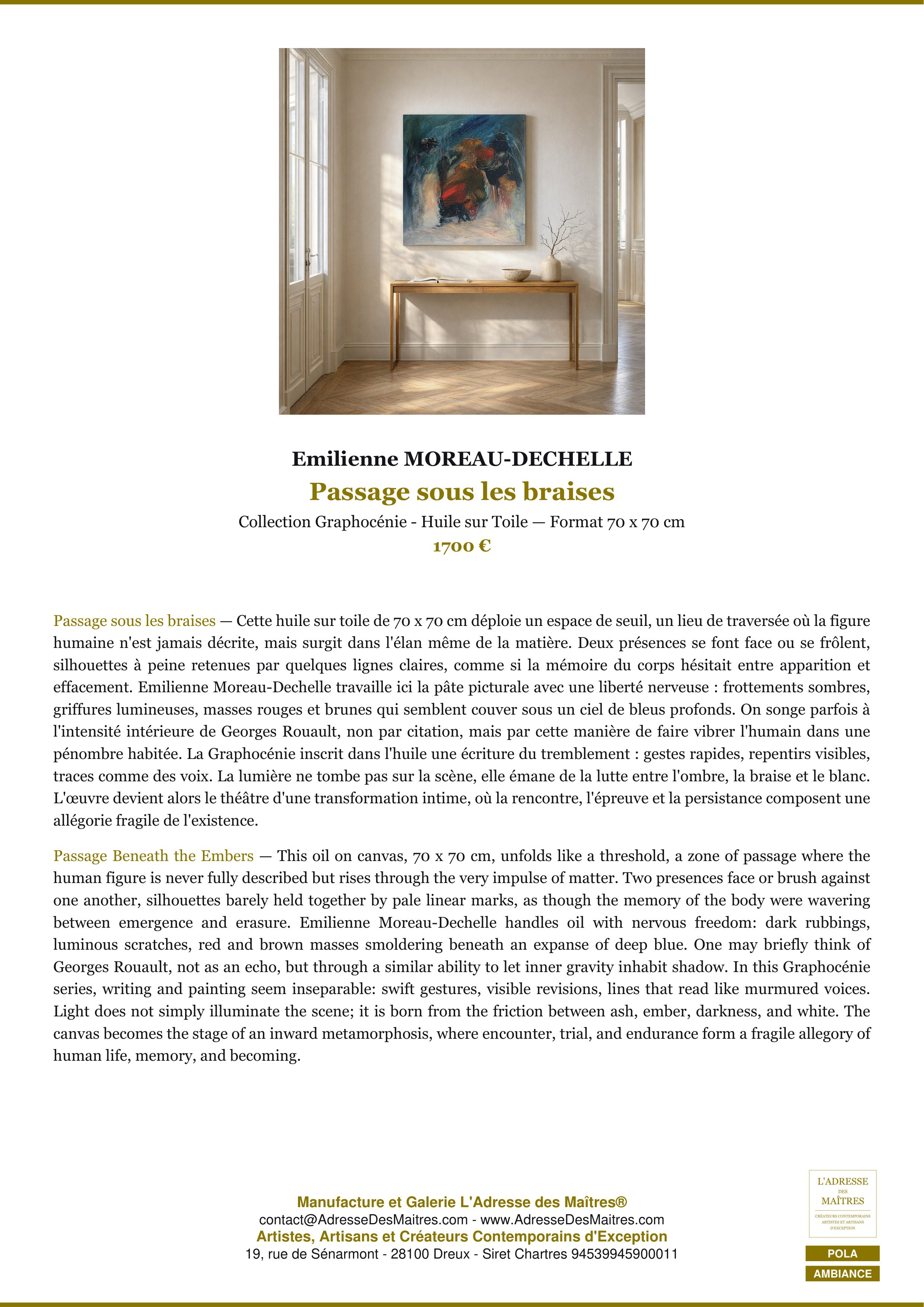 Ficha Premium «Ambiance» — «Pasaje bajo las brasas» — Emilienne MOREAU-DECHELLE — L'Adresse des Maîtres®