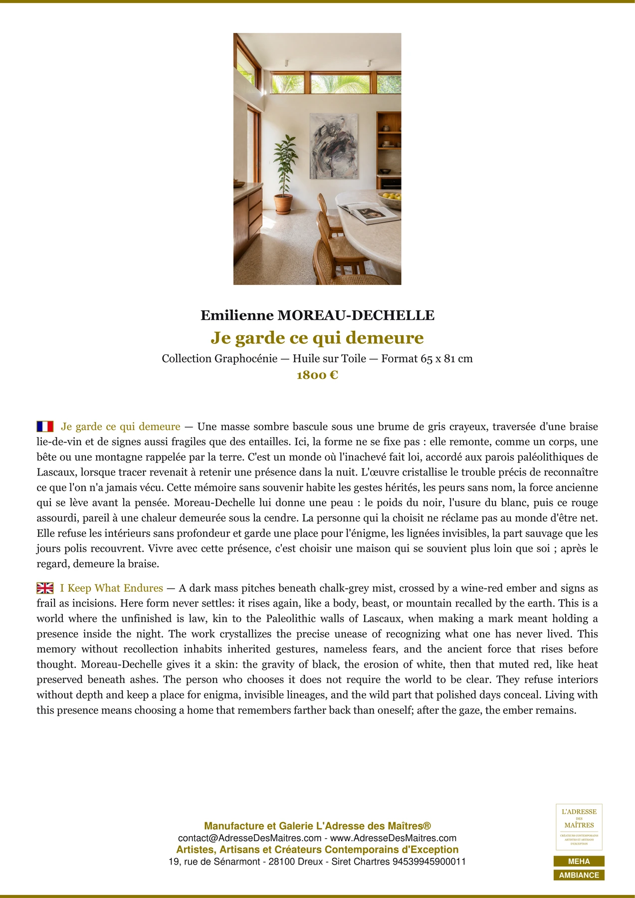 Fiche Premium Ambiance - Je garde ce qui demeure - Emilienne MOREAU-DECHELLE - L'Adresse des Maîtres®