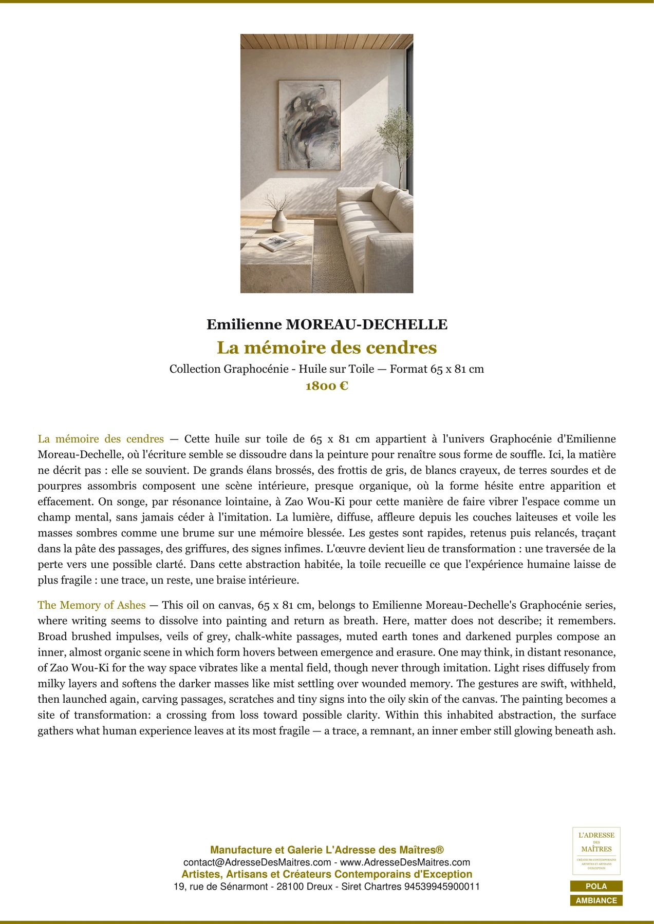 Fiche Premium Ambiance - La mémoire des cendres - Emilienne MOREAU-DECHELLE - L'Adresse des Maîtres®