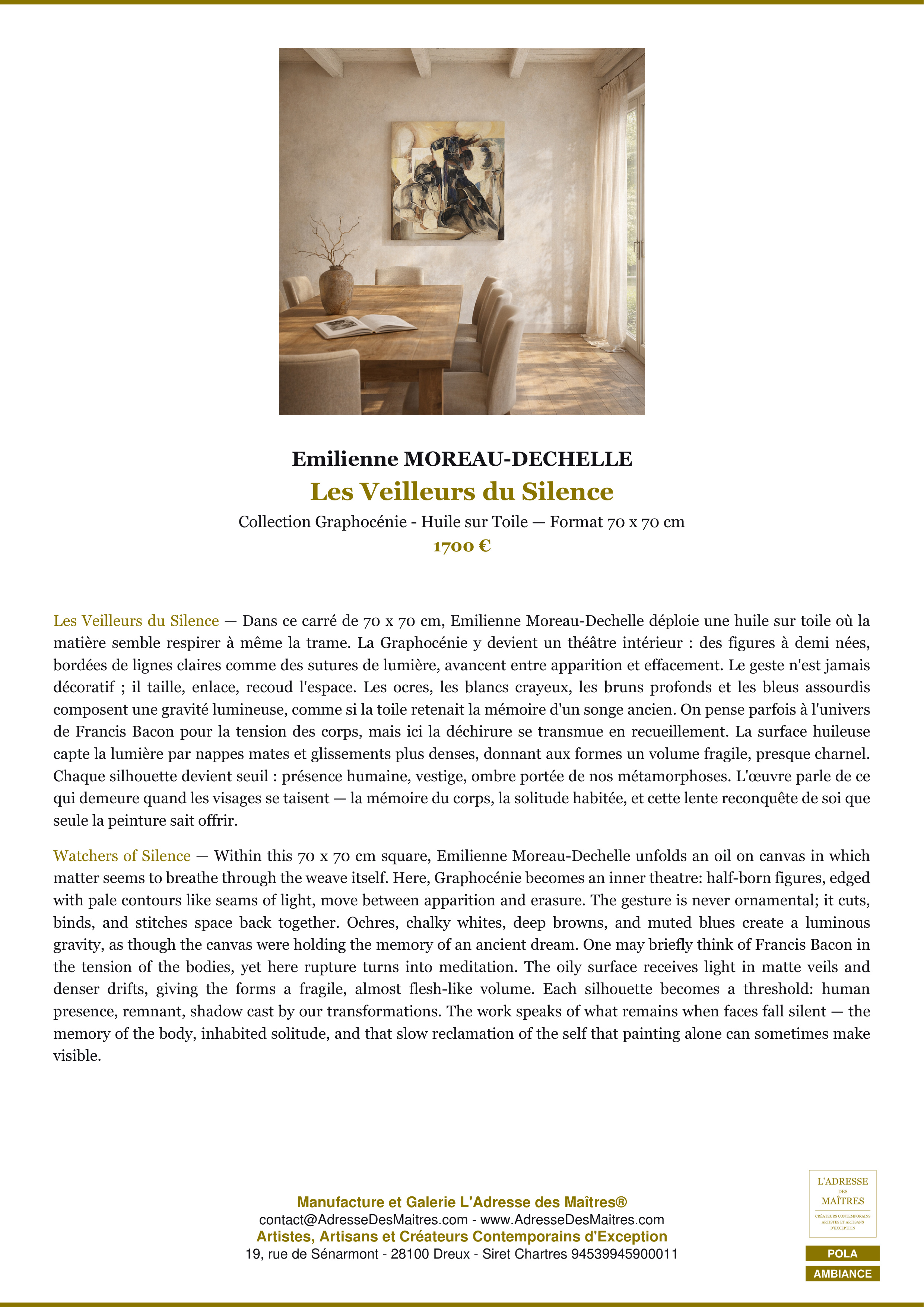 Fiche Premium Ambiance — Les Veilleurs du Silence — Emilienne MOREAU-DECHELLE — L'Adresse des Maîtres®