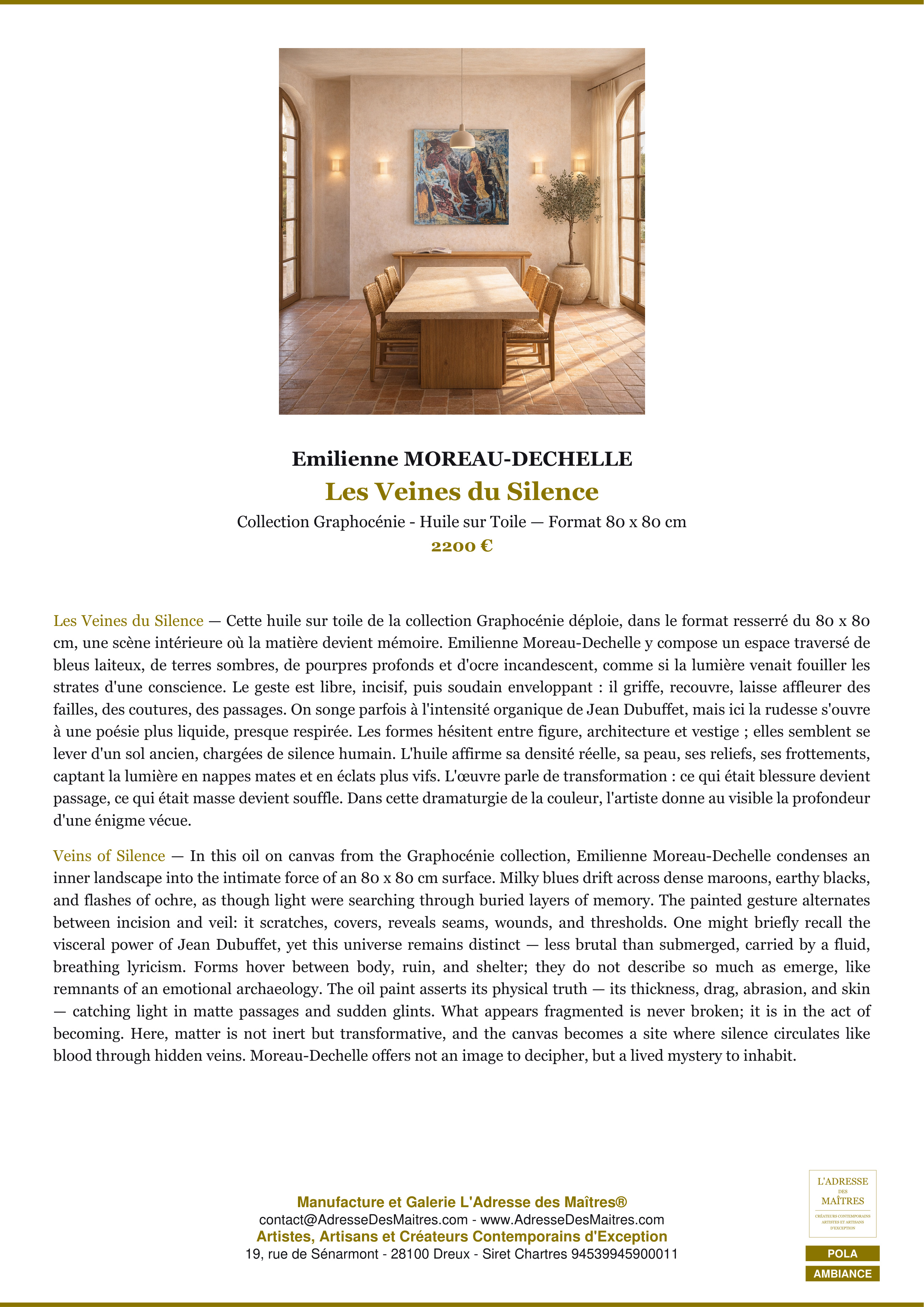 Fiche Premium Ambiance — Les Veines du Silence — Emilienne MOREAU-DECHELLE — L'Adresse des Maîtres®