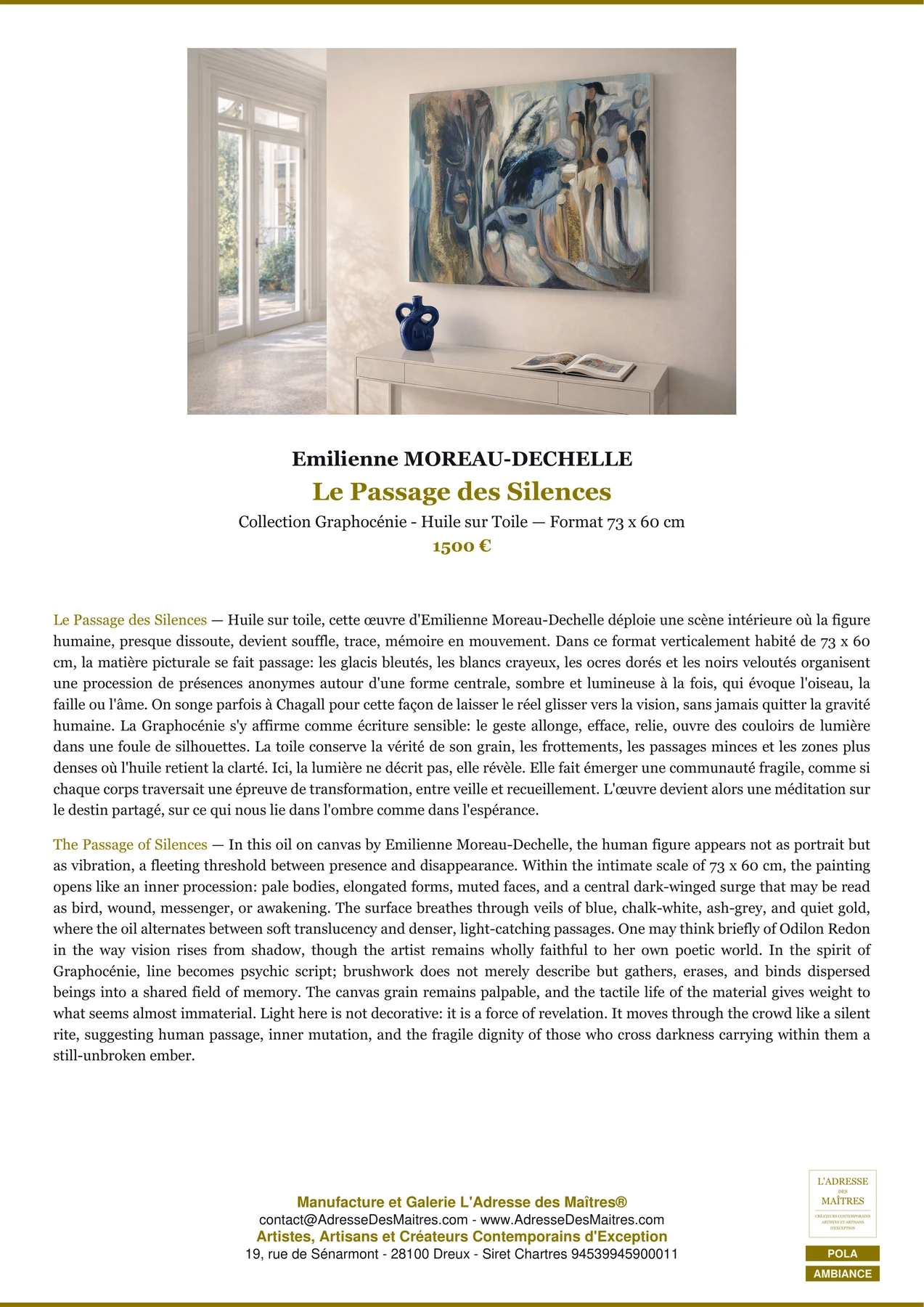 Fiche Premium Ambiance - Le Passage des Silences - Emilienne MOREAU-DECHELLE - L'Adresse des Maîtres®