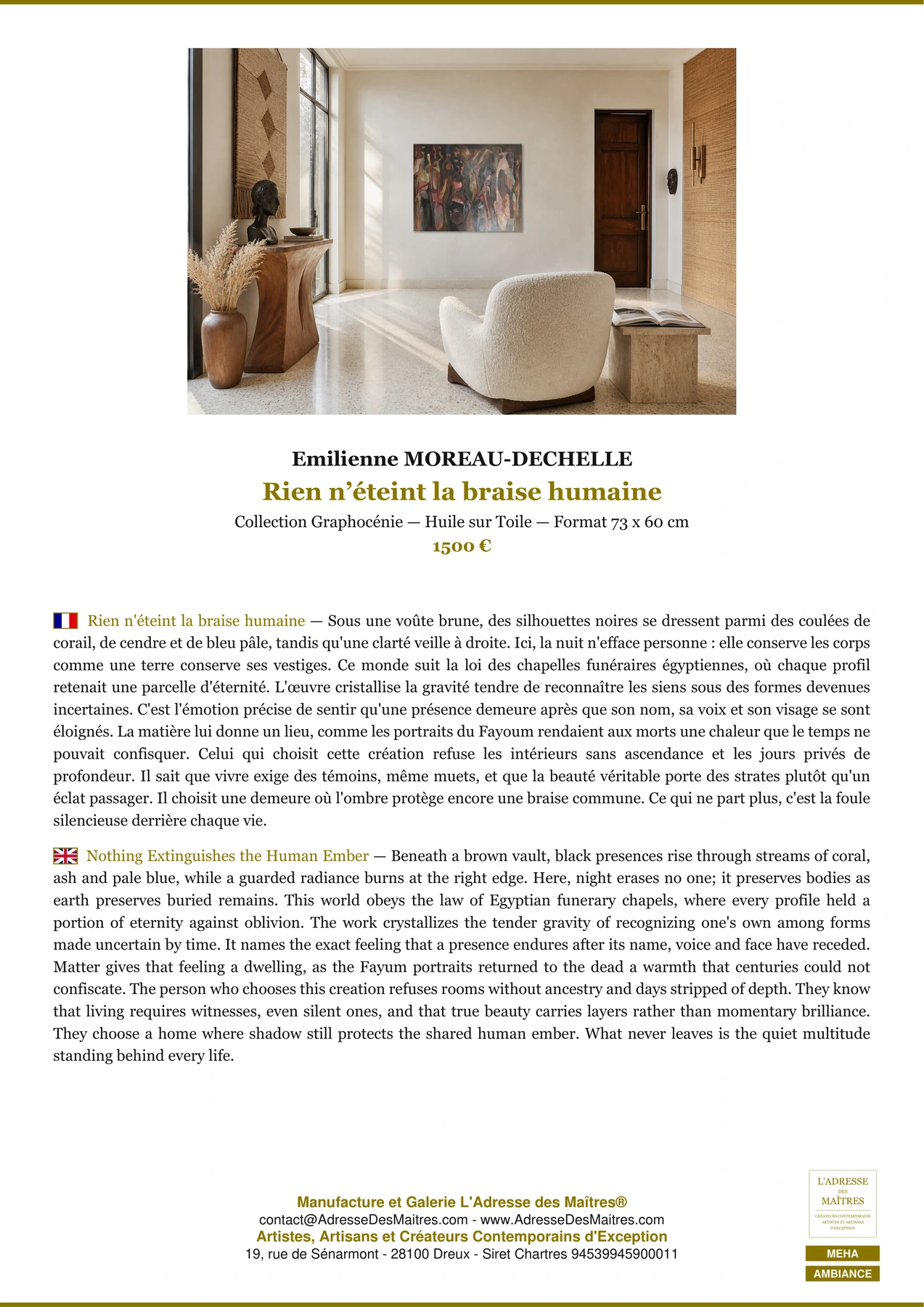 Fiche Premium Ambiance - Rien n’éteint la braise humaine - Emilienne MOREAU-DECHELLE - L'Adresse des Maîtres®