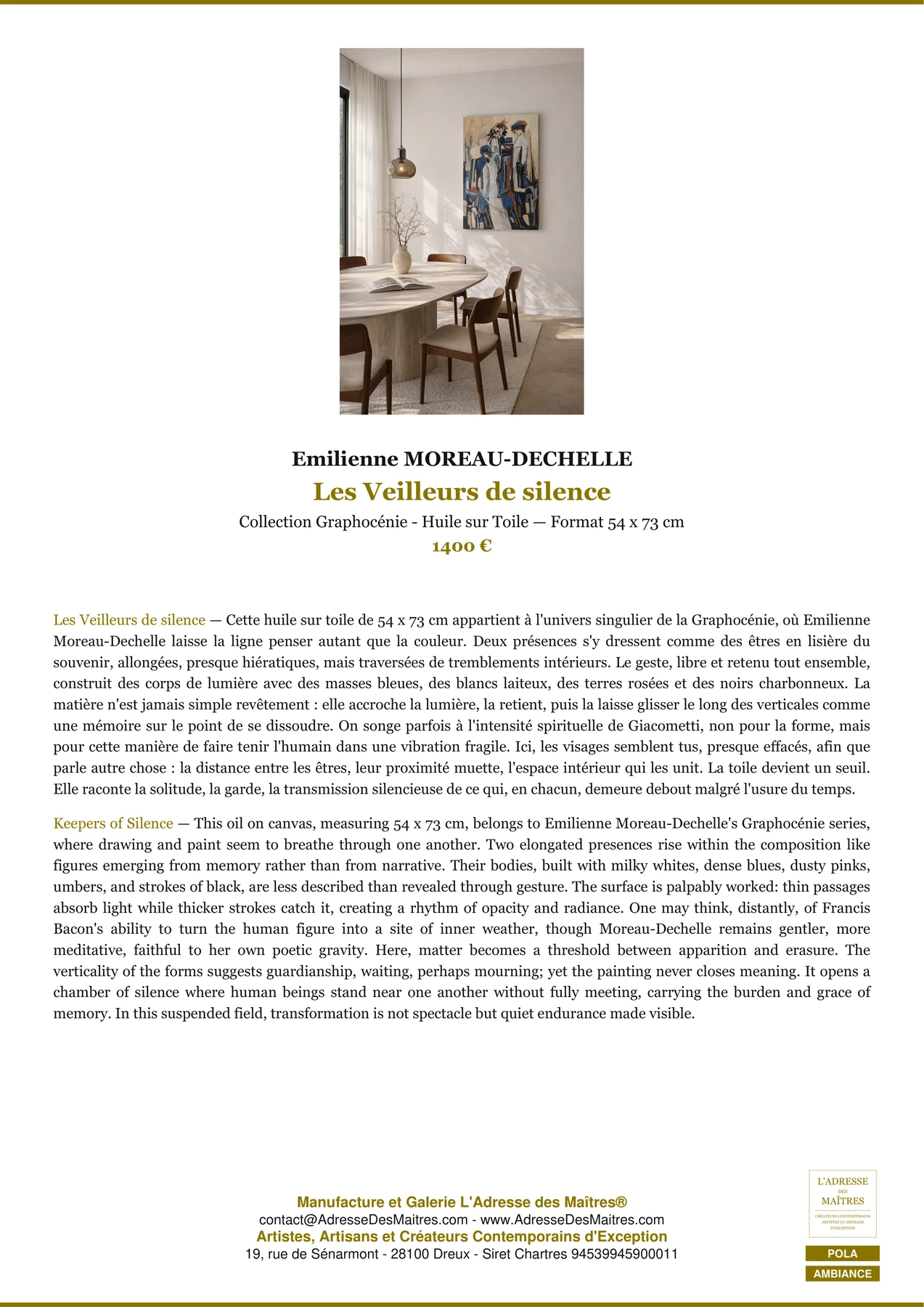 Fiche Premium Ambiance - Les Veilleurs de silence - Emilienne MOREAU-DECHELLE - L'Adresse des Maîtres®