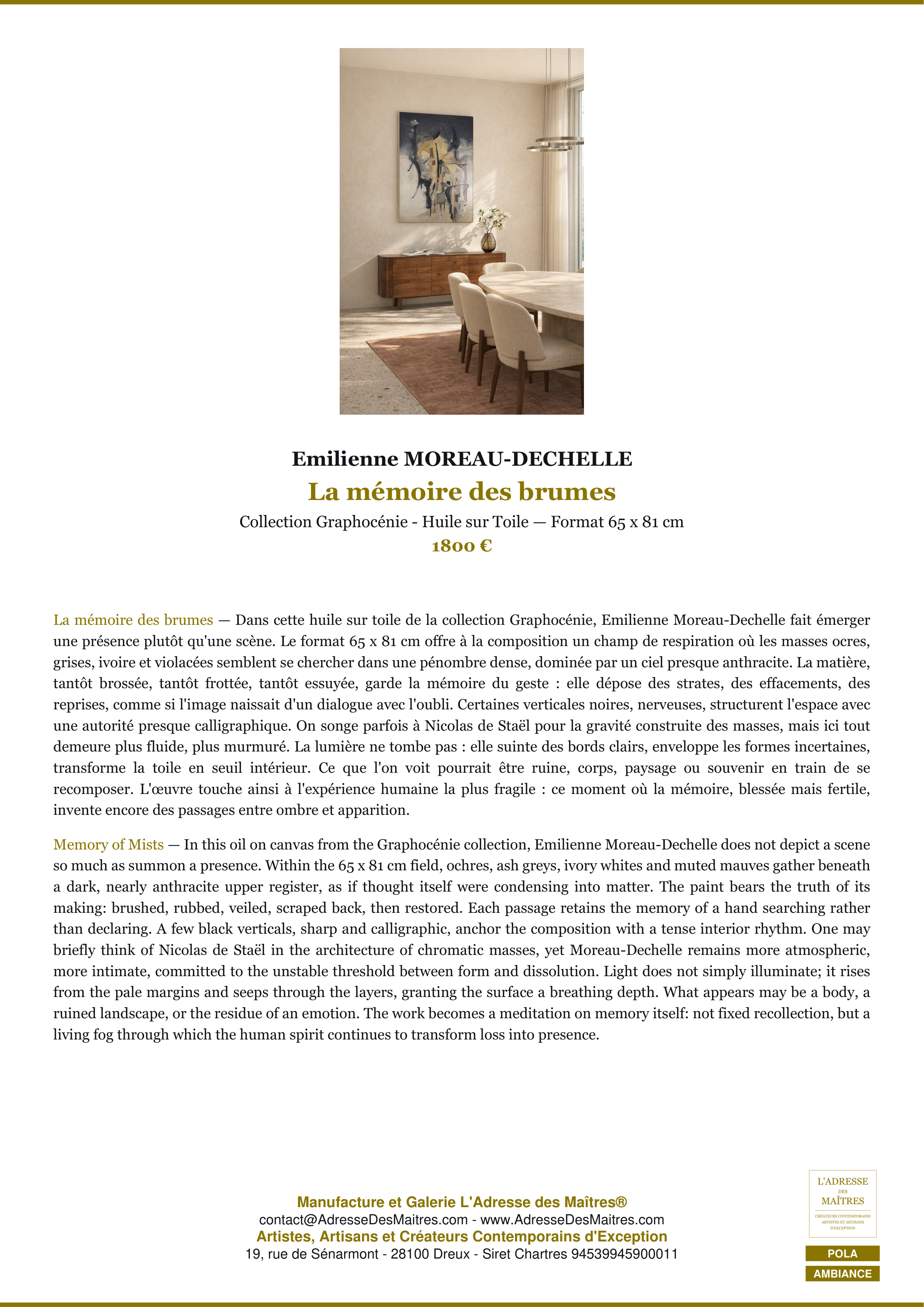Fiche Premium Ambiance — La mémoire des brumes — Emilienne MOREAU-DECHELLE — L'Adresse des Maîtres®