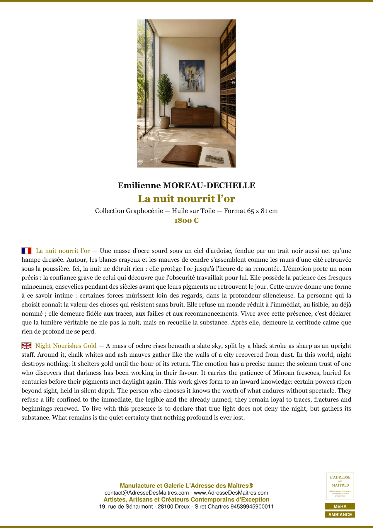 Fiche Premium Ambiance - La nuit nourrit l’or - Emilienne MOREAU-DECHELLE - L'Adresse des Maîtres®