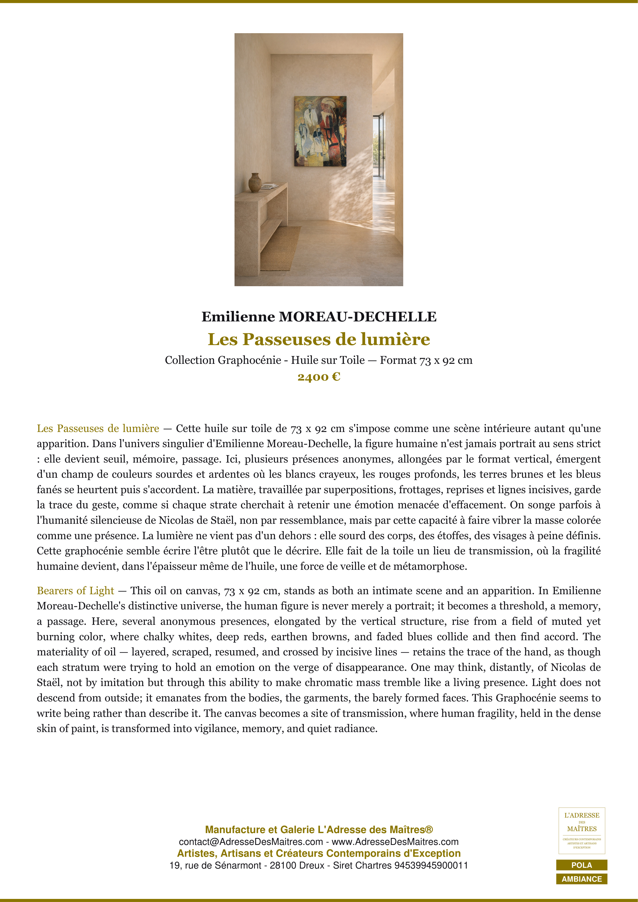 Fiche Premium Ambiance — Les Passeuses de lumière — Emilienne MOREAU-DECHELLE — L'Adresse des Maîtres®