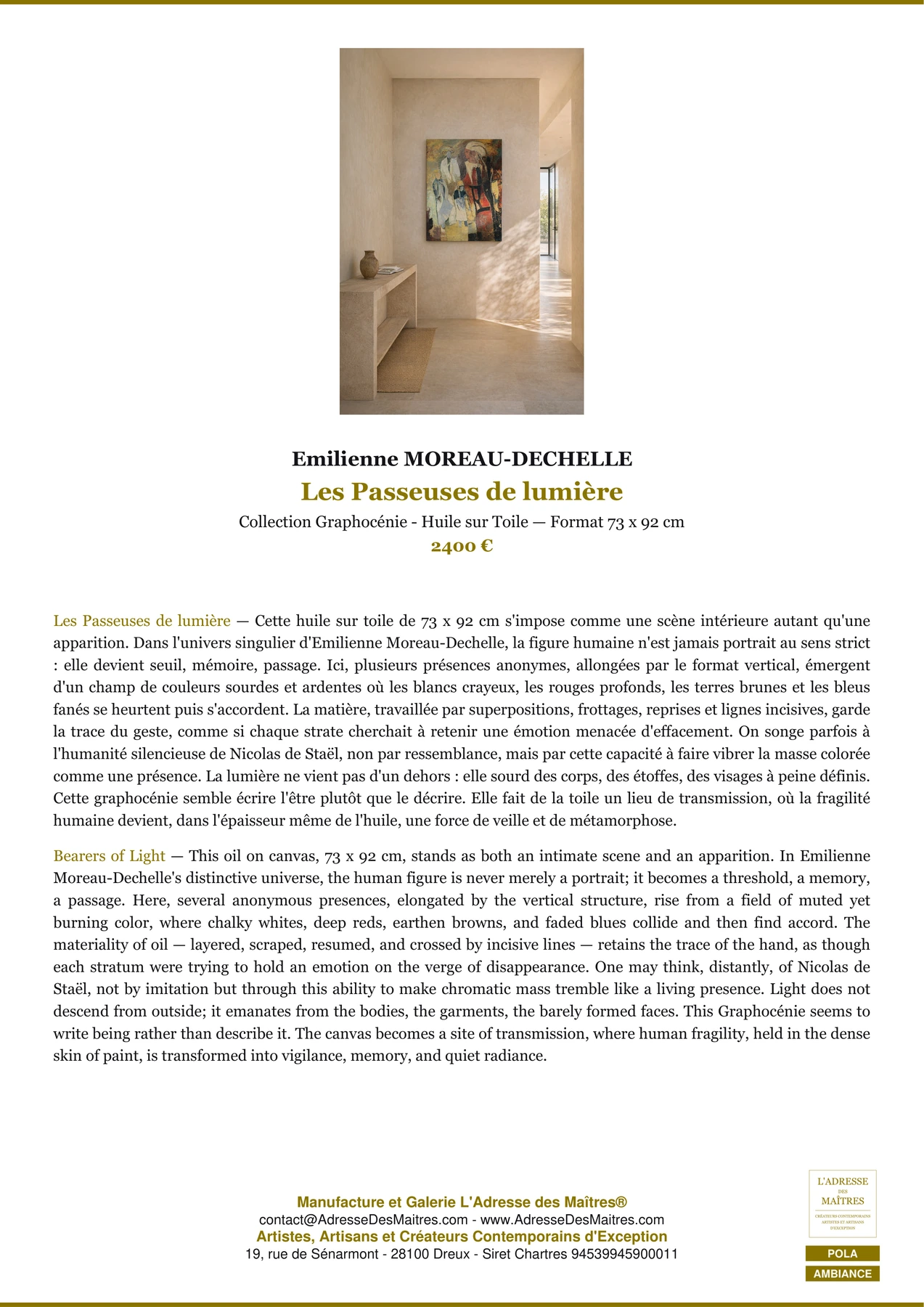 Fiche Premium Ambiance - Les Passeuses de lumière - Emilienne MOREAU-DECHELLE - L'Adresse des Maîtres®