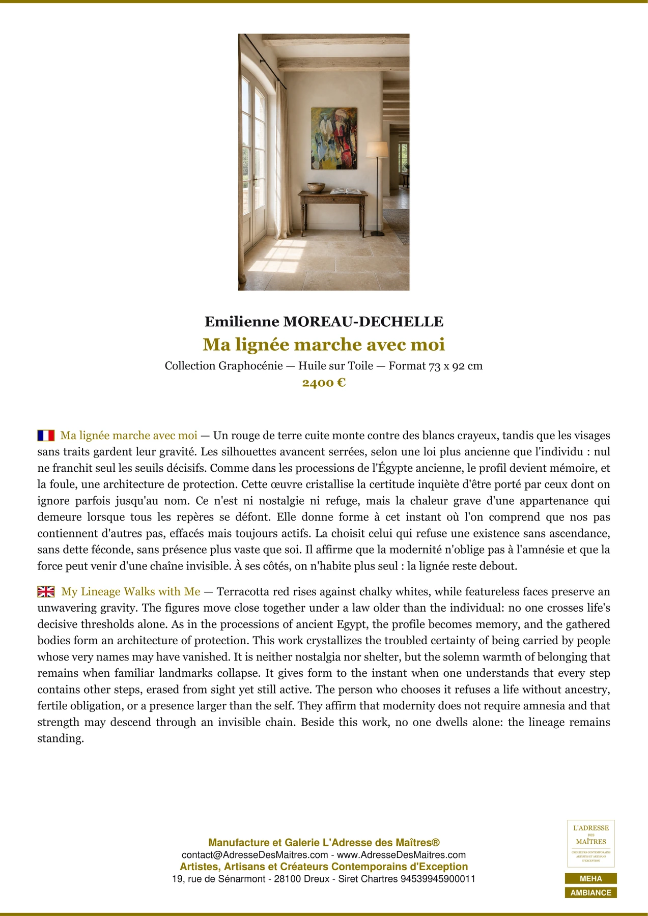 Fiche Premium Ambiance - Ma lignée marche avec moi - Emilienne MOREAU-DECHELLE - L'Adresse des Maîtres®
