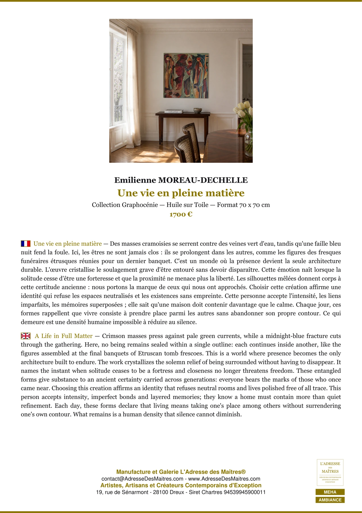 Fiche Premium Ambiance - Une vie en pleine matière - Emilienne MOREAU-DECHELLE - L'Adresse des Maîtres®