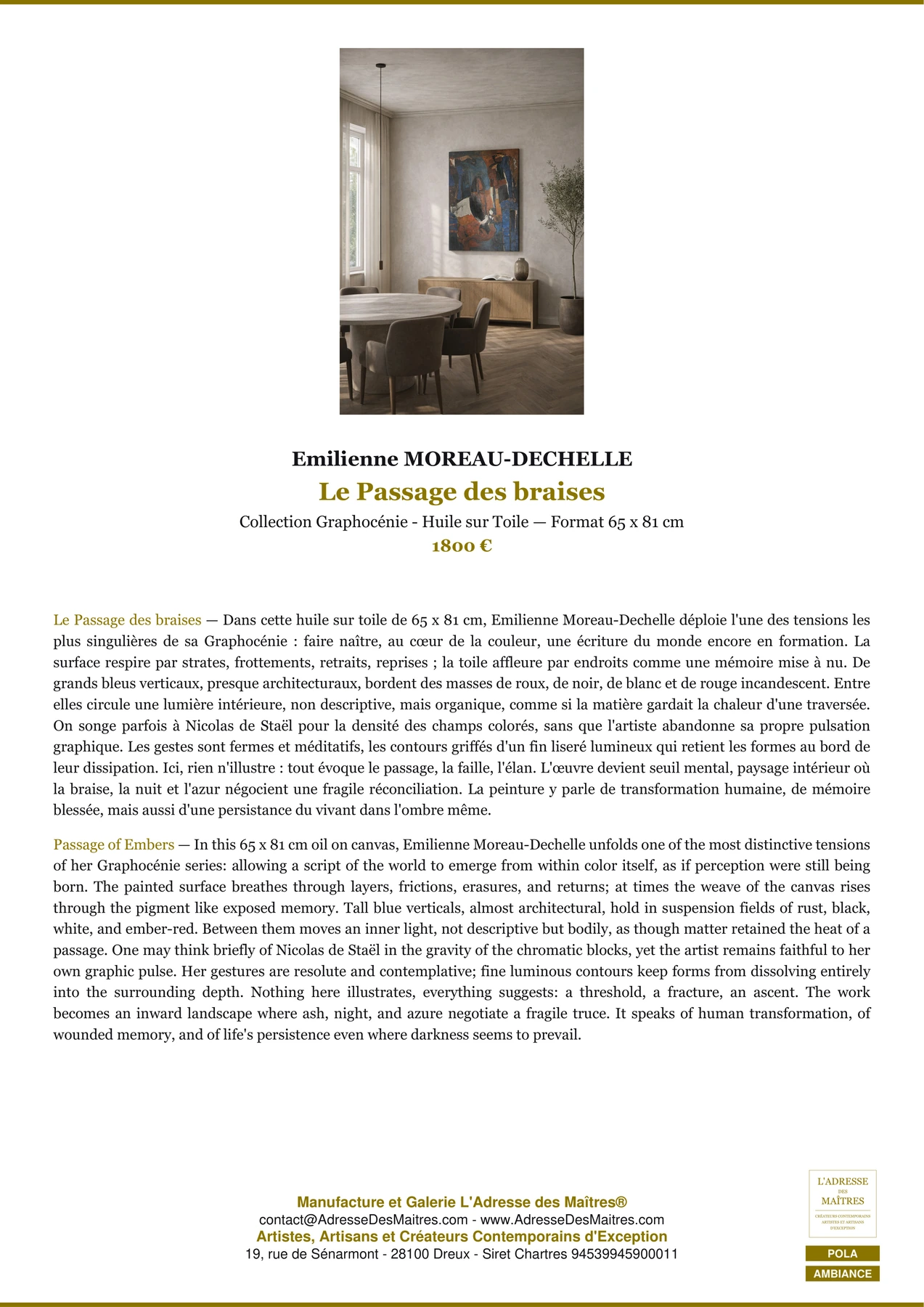 Fiche Premium Ambiance - Le Passage des braises - Emilienne MOREAU-DECHELLE - L'Adresse des Maîtres®