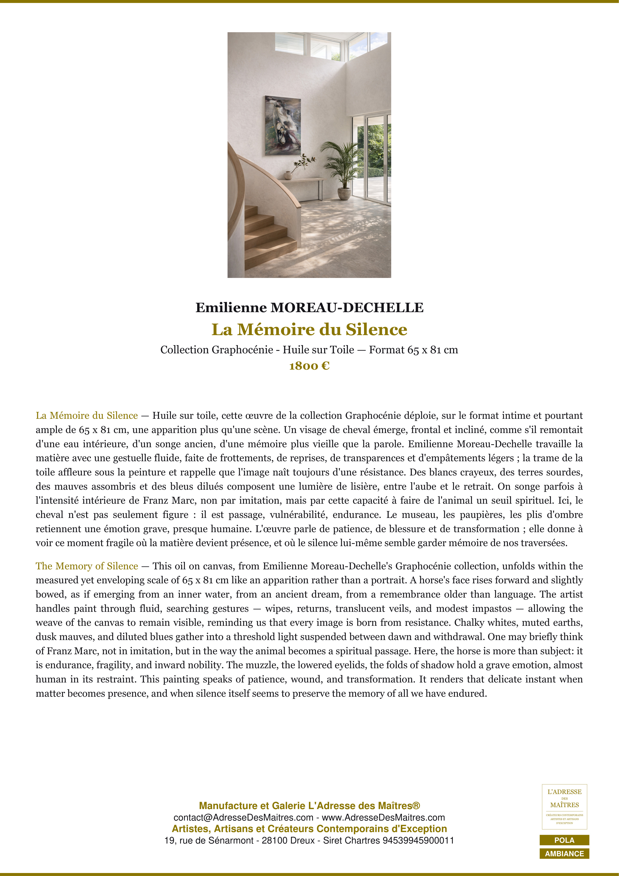 Fiche Premium Ambiance — La Mémoire du Silence — Emilienne MOREAU-DECHELLE — L'Adresse des Maîtres®
