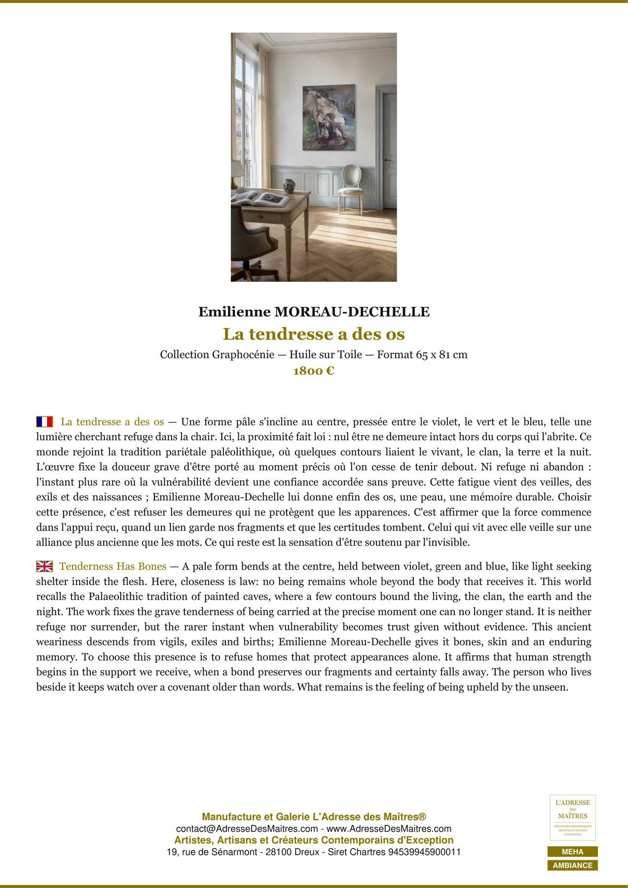 Fiche Premium Ambiance - La tendresse a des os - Emilienne MOREAU-DECHELLE - L'Adresse des Maîtres®